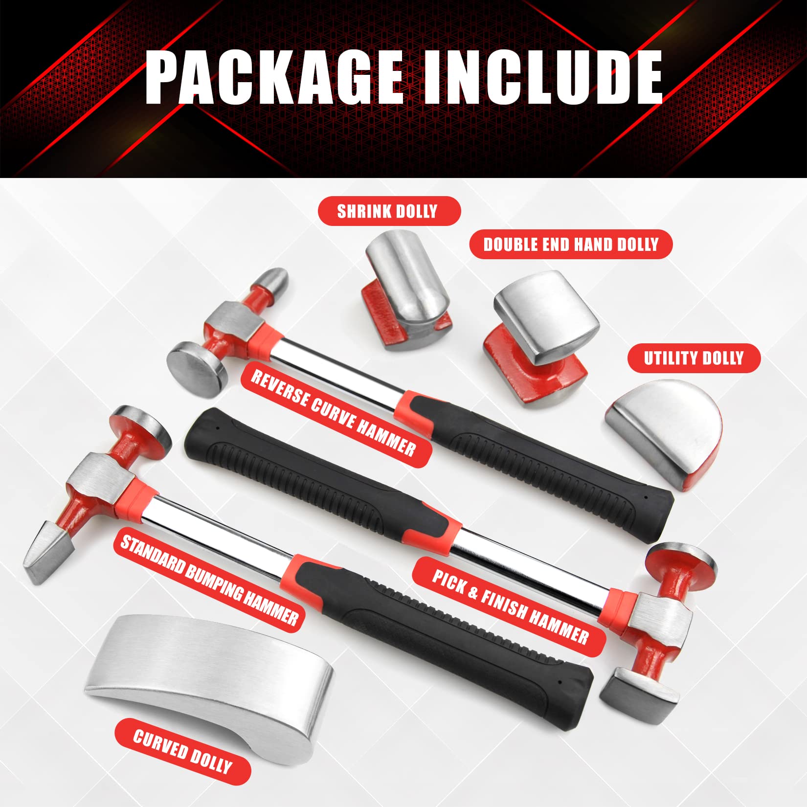 7Pcs Auto Body Repair Tool Hammer Dolly Set - Carbon Steel Car Dent Repair Kit for Fender & Body Panels | Professional Automotive Repair Tools for DIY & Mechanics | Perfect for Garage, Collision Shop & Home Use