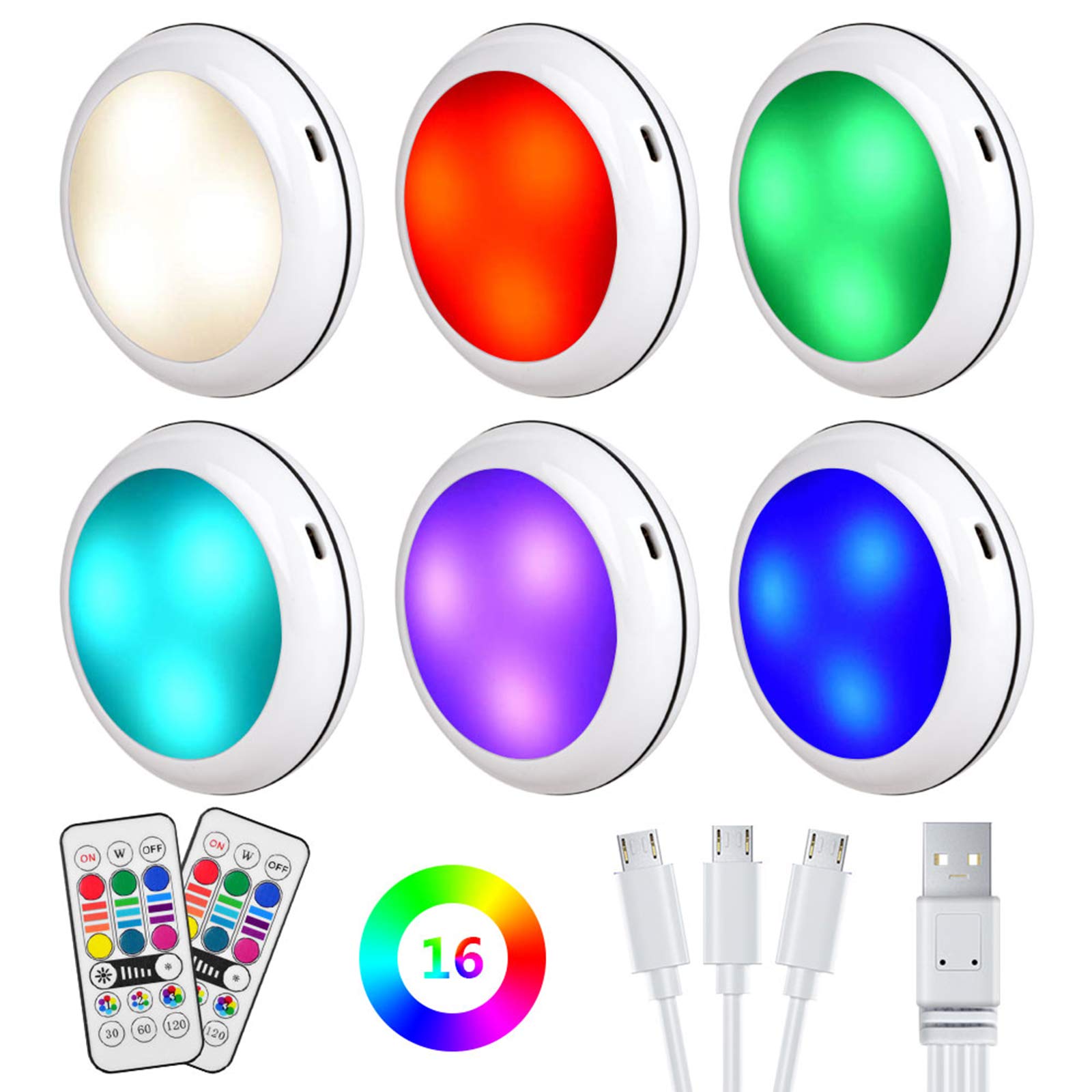 Rechargeable RGB LED Puck Lights with Remote - Dimmable Under Cabinet Lights for Kitchen, Bookcase, Showcase, Pantry - Perfect for Counter, Closet, and Stair Lighting (6 Pack)