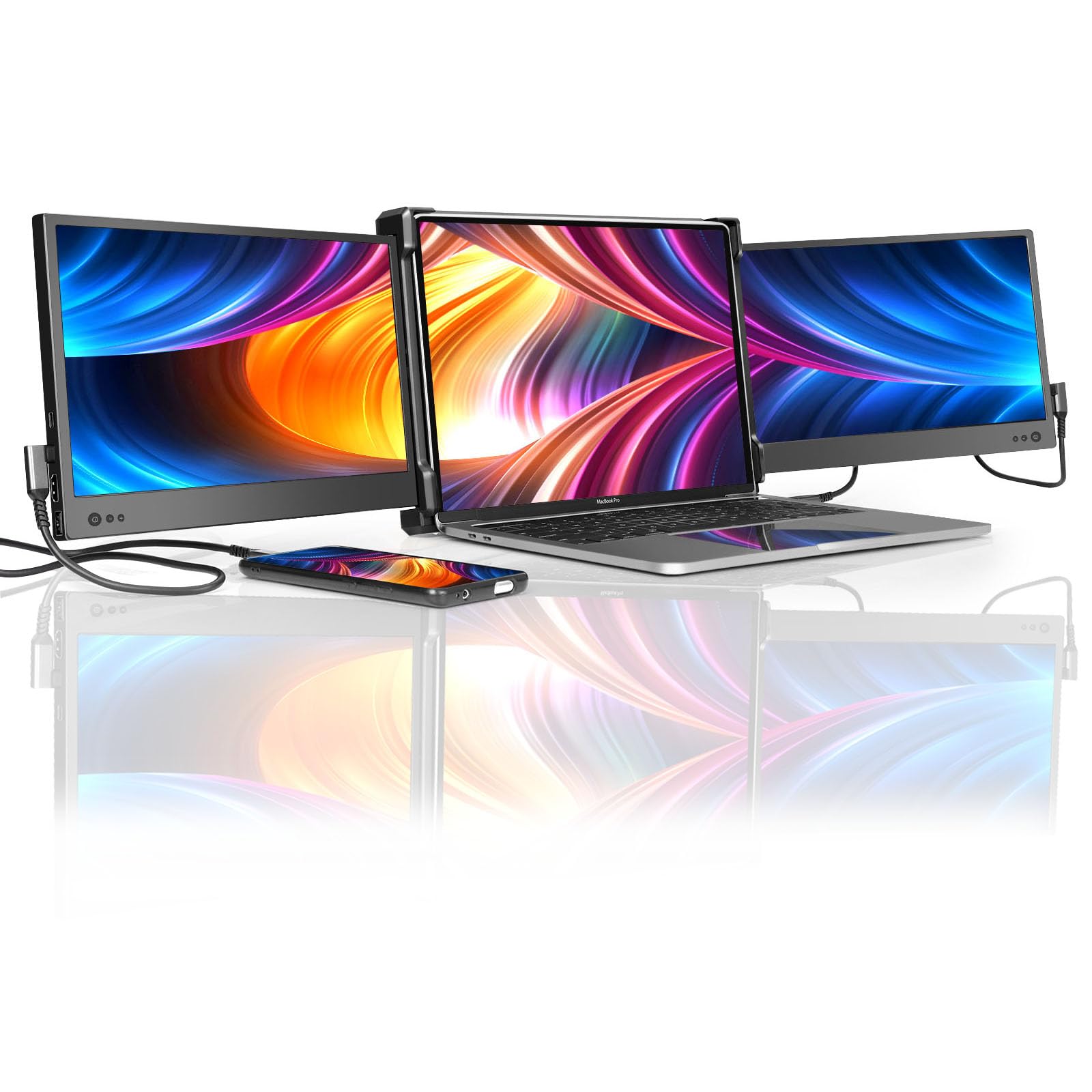 P2 Triple 12 Inch Portable Monitor for Laptop - FHD 1080P IPS Screen Extender with Type-C/HDMI/USB-A & Built-in Speakers - Compatible with 13-16 Inch Notebooks, Windows, Mac & Phones - Perfect for Office Work, Gaming & Multitasking