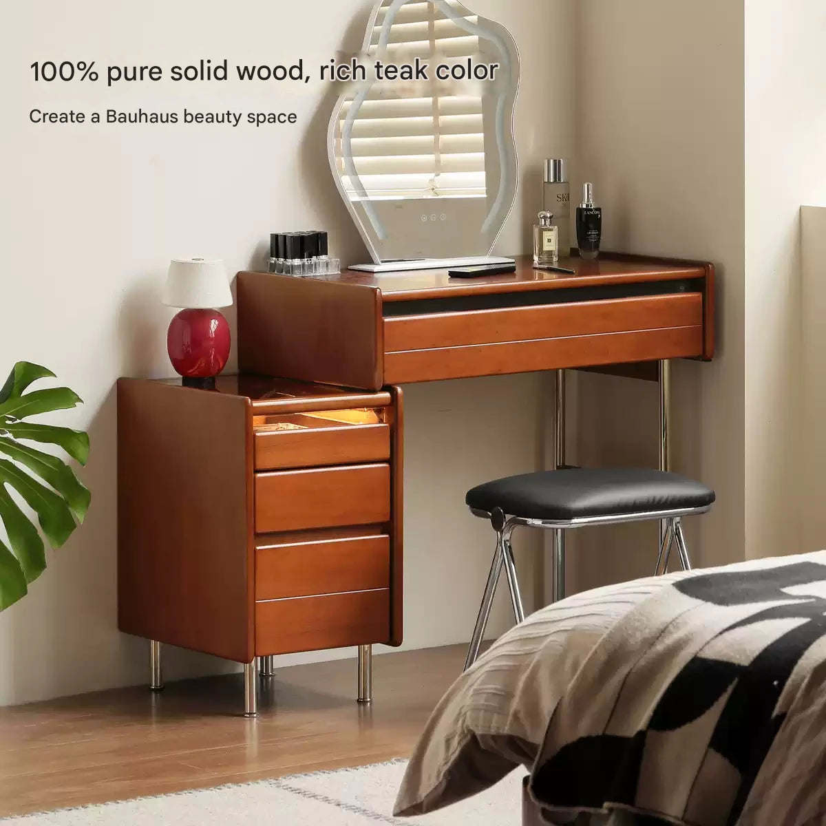 Modern Poplar Solid Wood Bauhaus Dressing Table - Multi-Functional Vanity Desk with Mirror & Storage for Bedroom, Home Office, or Apartment