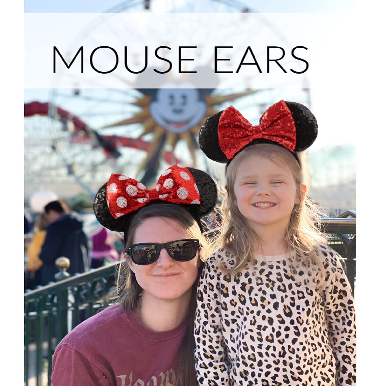 Sparkly Sequin Mouse Ear Headbands for Women & Girls - 2 Pack Classic Bow Headbands (Red Sequin & Red Dot) | Perfect for Disney Trips, Cosplay, Halloween & Theme Parties