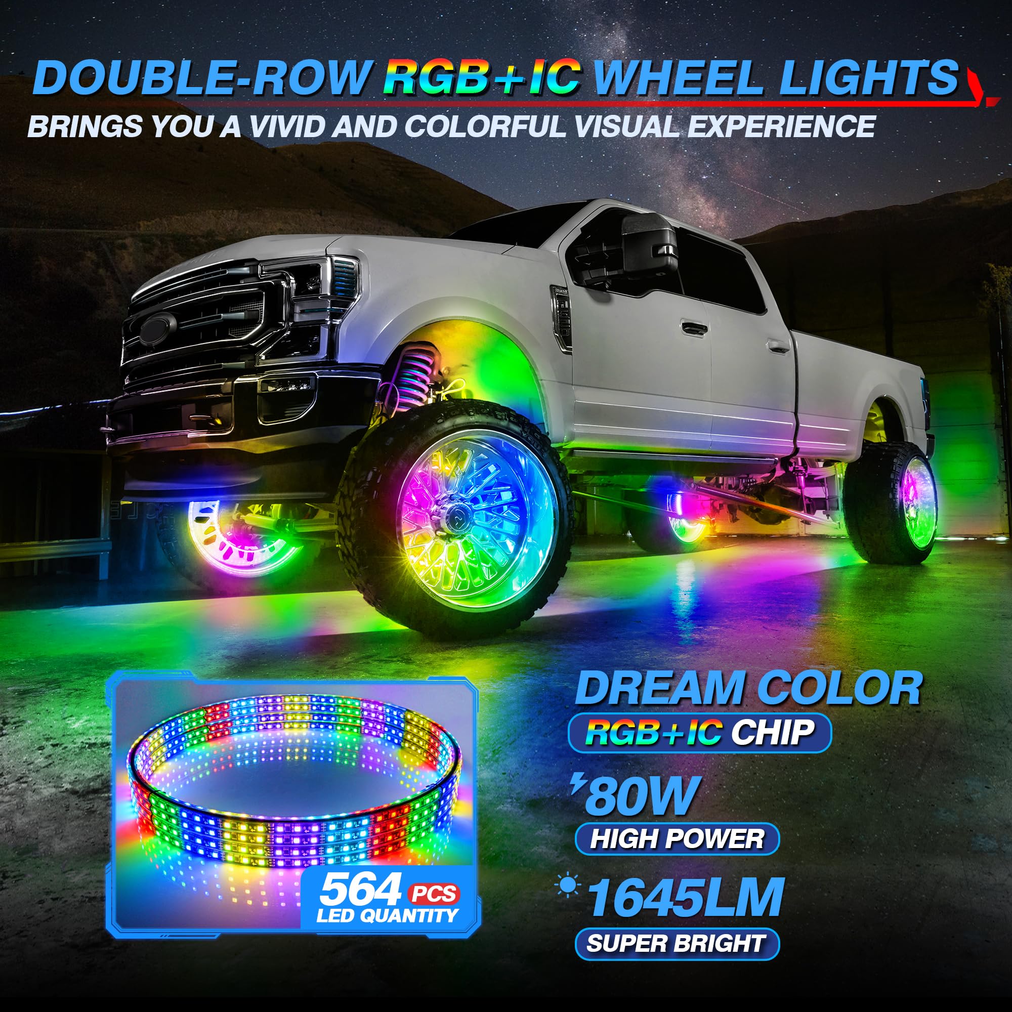 MICTUNING 15-inch RGB+IC LED Wheel Ring Lights Kit with APP Control - Dual-Row Color Chasing Neon Rim Lights for Trucks, SUVs & Cars | Turn Signal & Brake Light Effects | Perfect for Off-Roading, Car Shows & Night Driving
