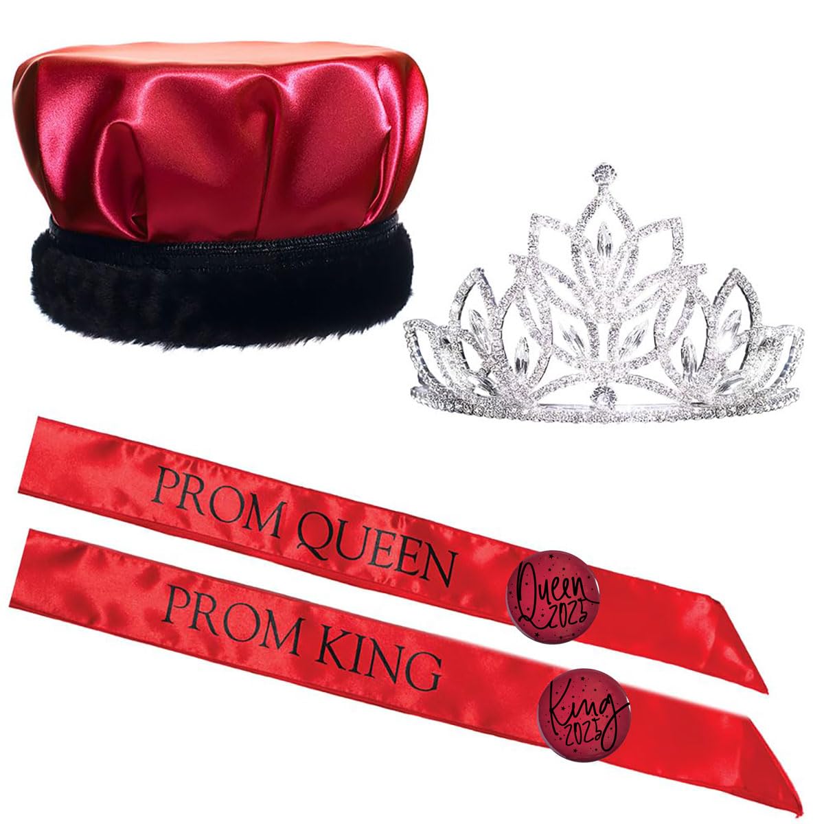 Prom Royalty Set - Sparkling Rhinestone Tiara & King Crown with Sashes & Buttons for Homecoming, Prom Night & Special Events