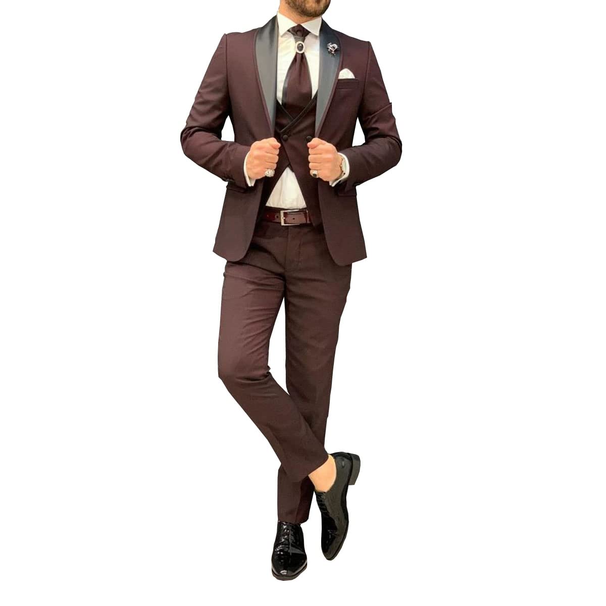Men's Slim Fit 3-Piece Tuxedo Suit Set - Wedding Groomsmen Formal Blazer, Vest & Tapered Pants for Parties, Prom & Special Occasions