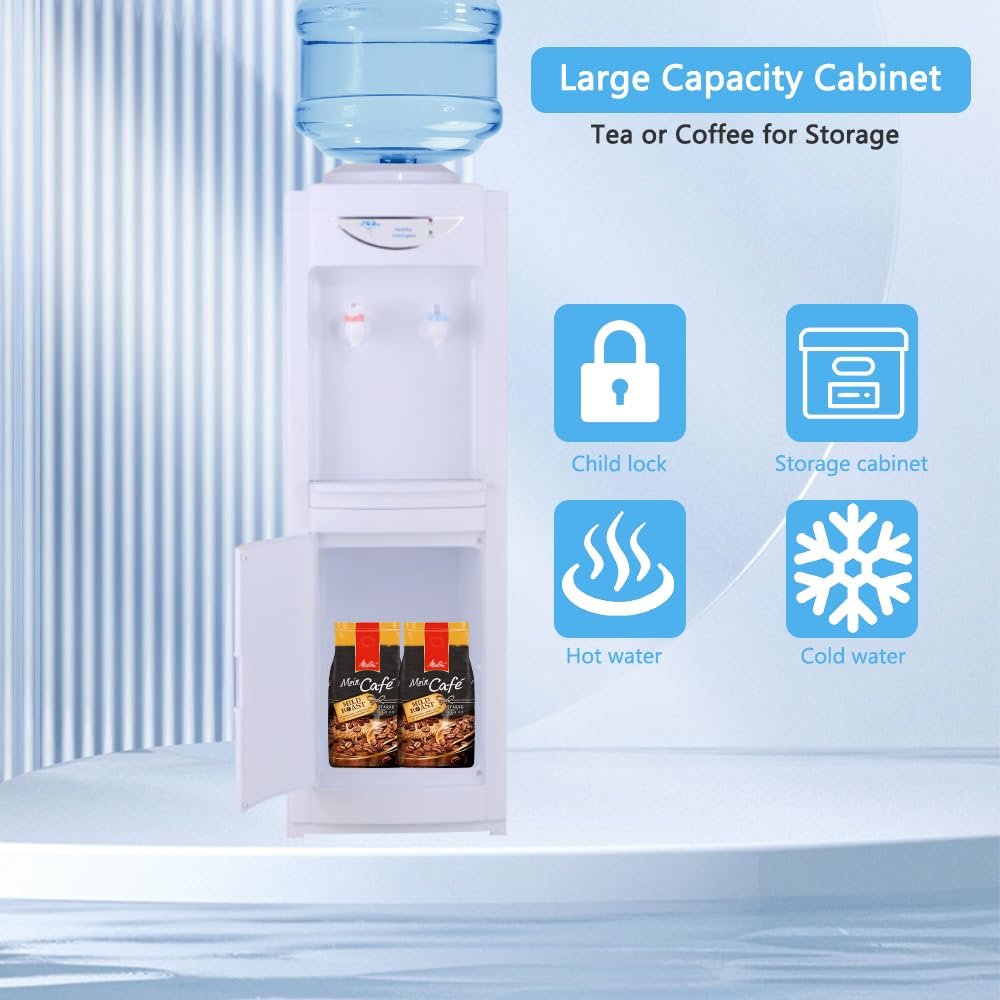 Top-Loading Water Cooler Dispenser with Child Safety Lock | Hot & Cold Standing Water Cooler for 3/5 Gallon Bottles | Ideal for Home, Office, School & Gym | White