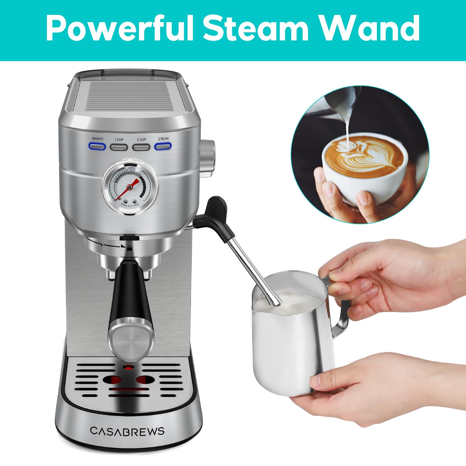 CASABREWS 20 Bar Espresso Machine - Compact Coffee Maker with 34oz Water Tank, Professional Cappuccino & Latte Maker with Milk Frother, Stainless Steel for Home Barista - Perfect for Kitchen, Office & Small Spaces