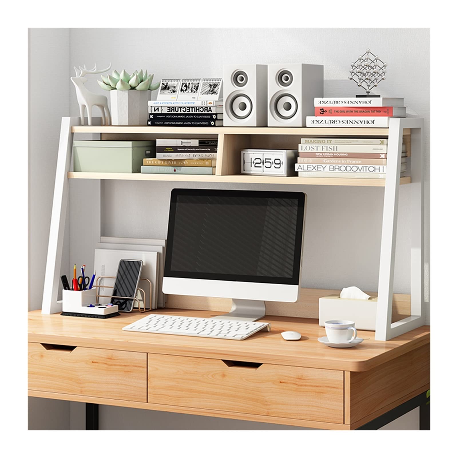 Kaijunshop White Bookshelf - 115x32x65cm Multifunctional Desktop Organizer, Office Storage Rack & Display Shelf for Books, Supplies & Accessories - Perfect for Home Office, Study Room & Workspace Organization