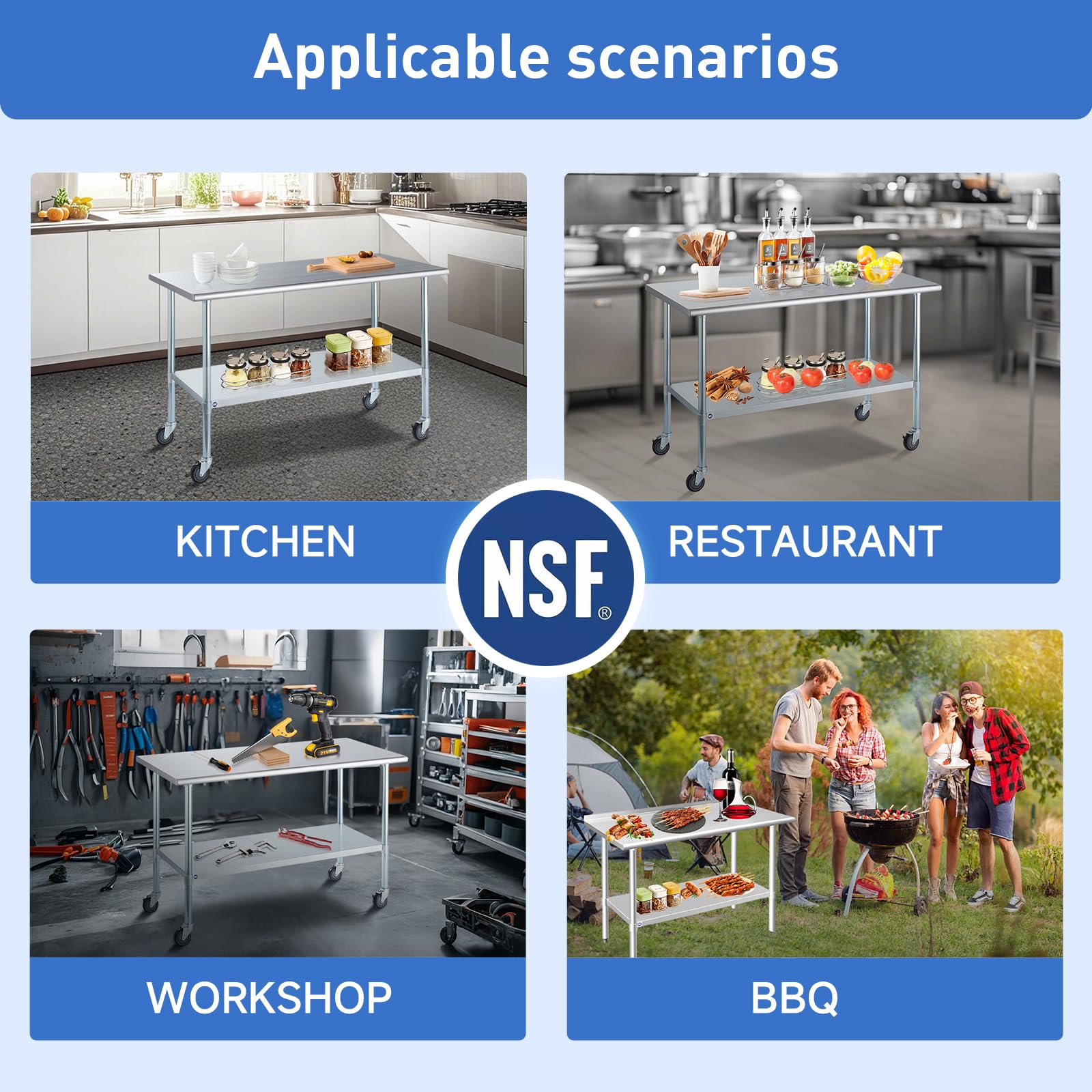 ROCKPOINT 30x48 Inch NSF Stainless Steel Commercial Kitchen Table with Backsplash, Adjustable Under Shelf & Caster Wheels - Heavy Duty Prep Work Table for Restaurant, Home, Hotel & Food Service Use