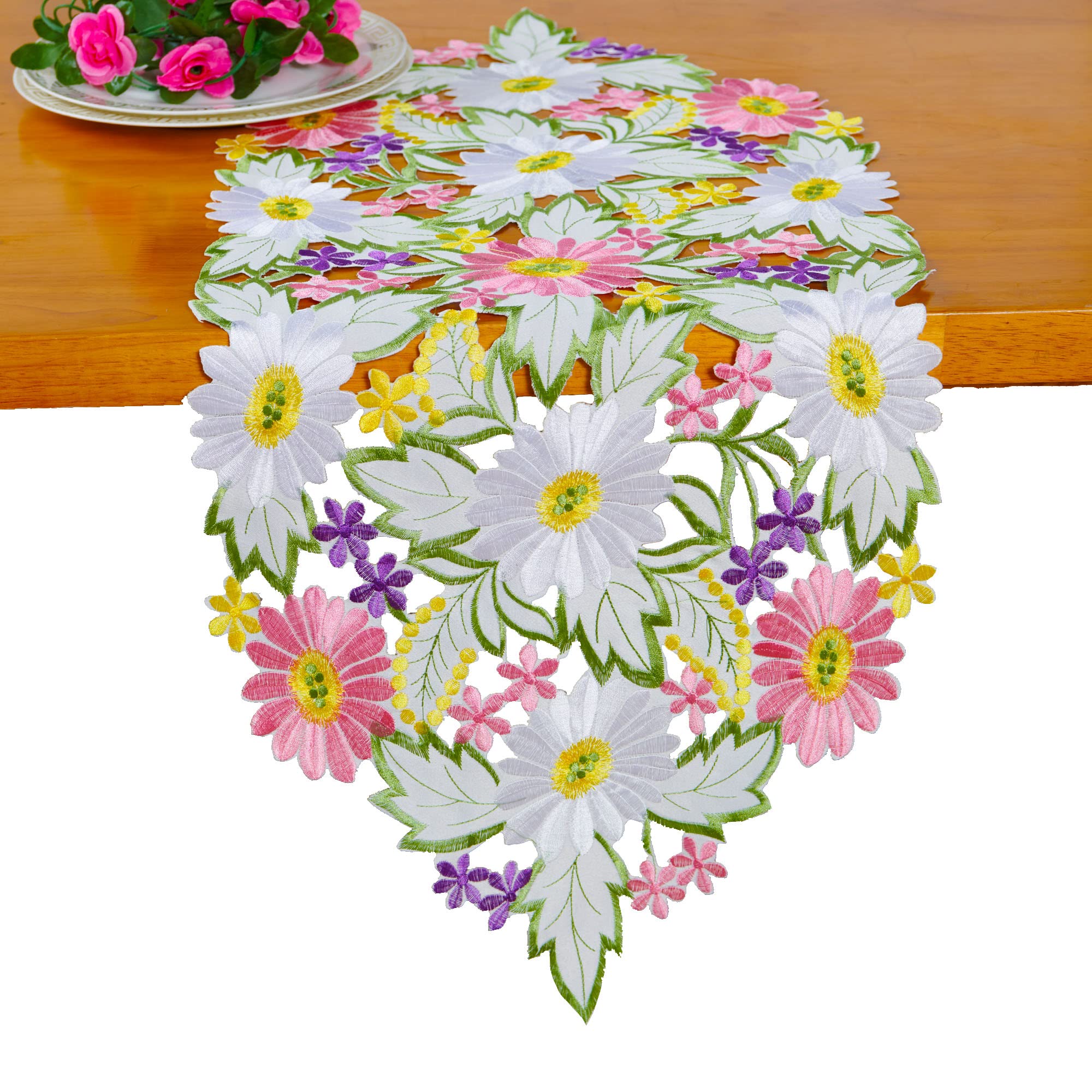 Spring Daisy Embroidered Table Runner - 13x34 Inch Floral Linen Tablecloth for Dining Room Decor, Wedding & Spring Party Decoration