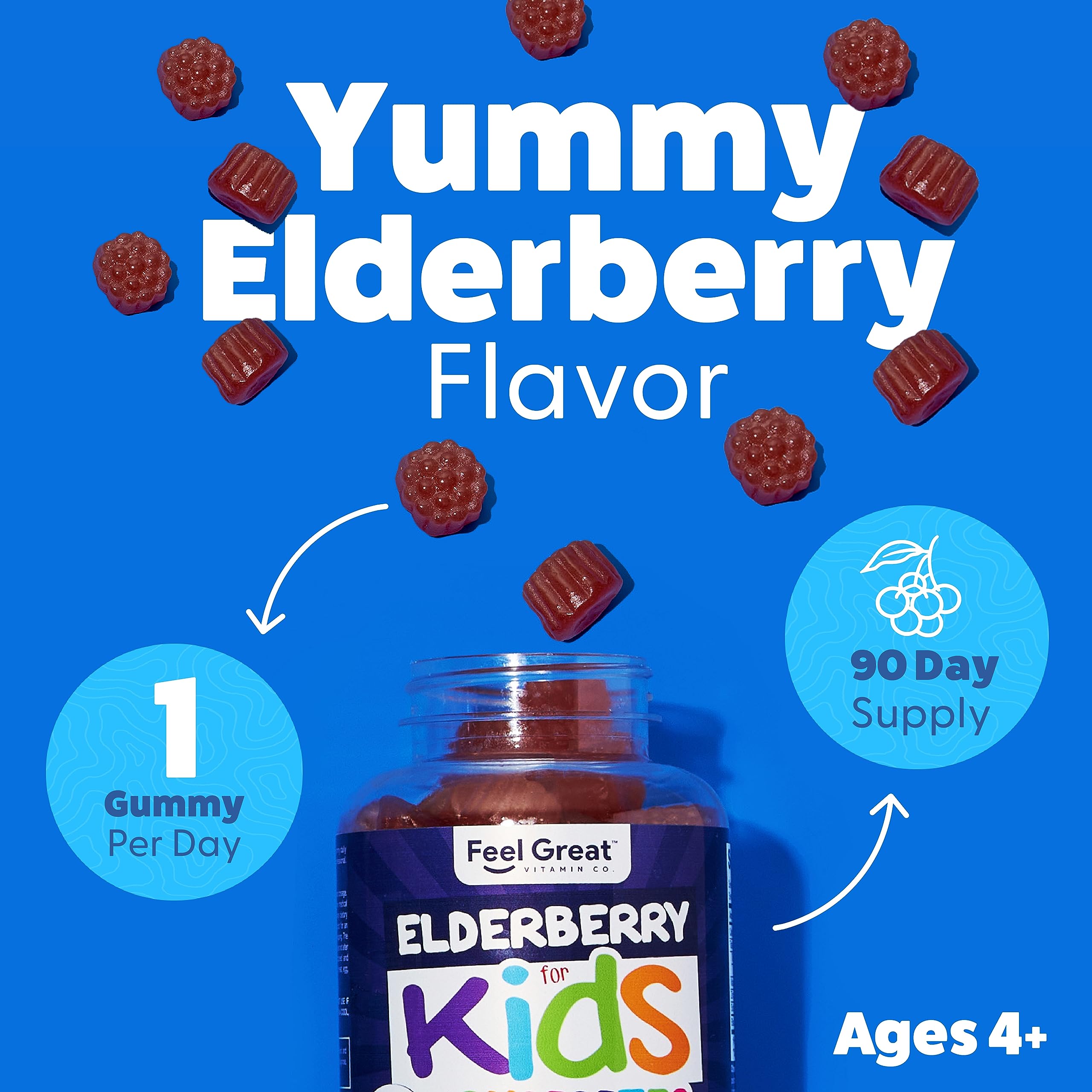 Feel Great Vitamin Co. Elderberry Gummies for Kids - Immune Support with Vitamin C & Zinc | Natural Antioxidant Booster | Gluten Free Vegetarian Supplement (90 Count) | Perfect for Daily Immunity & Cold Season Protection