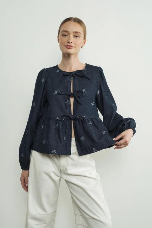 Lara Women's Bow Print Denim Blouse with Bow Tie - Stylish Casual Shirt for Office, Date Night & Spring Outfits