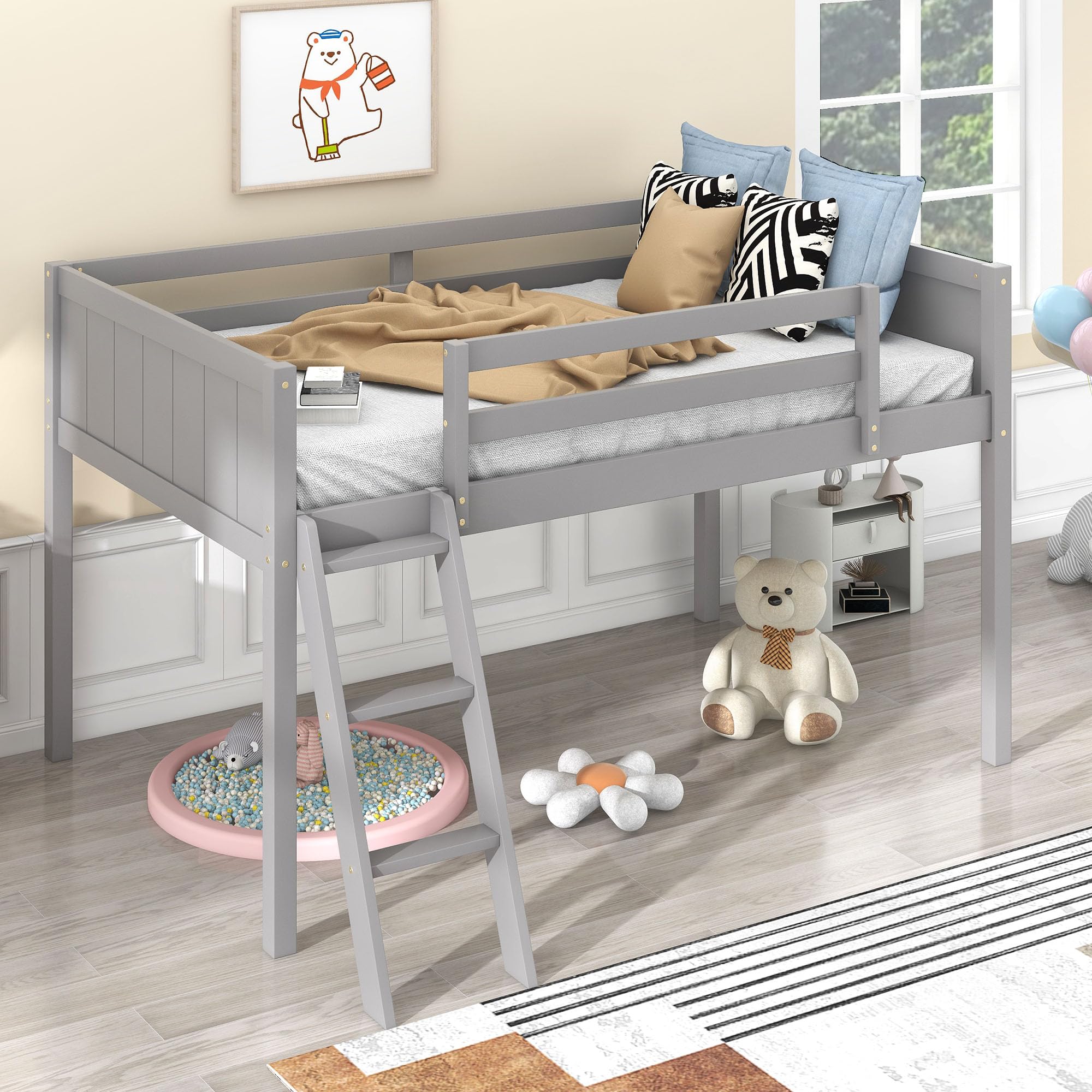 Harper & Bright Designs Twin Low Loft Bed for Kids - Sturdy Wood Frame with Ladder & Safety Guardrails - Perfect for Small Rooms, Dorms, or Shared Spaces - Gray (Twin Size, Ideal for Girls, Boys & Teens)