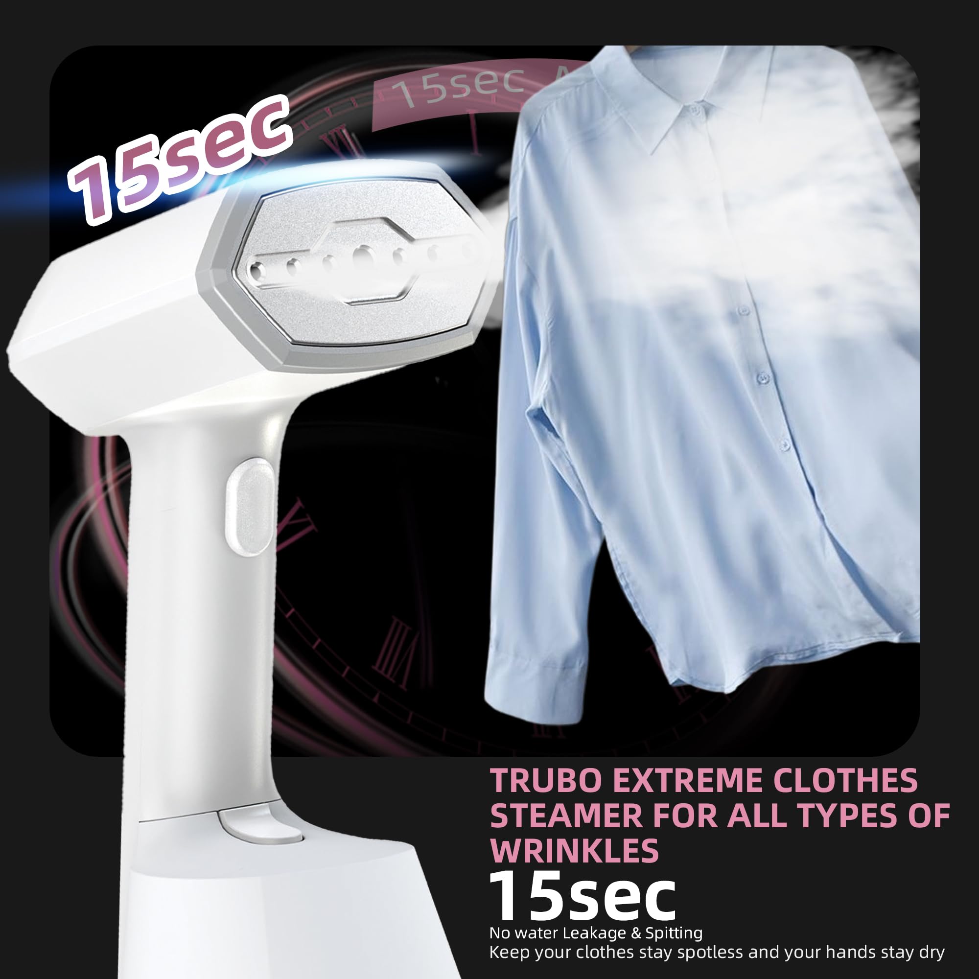 1500W Handheld Clothes Steamer - Portable Mini Garment Steamer with Fast 15-Second Heat Up & No Leak - Perfect for Home, Office & Travel (110/120V) - Quickly Remove Wrinkles from Shirts, Dresses & Suits for Professional Look