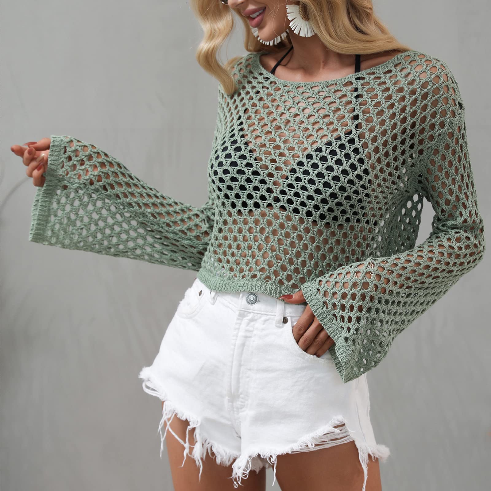 Xaspee Women's Cropped Knit Top - Crewneck Long Sleeve Crochet Hollow Out Mesh Pullover Sweater for Casual Wear, Layering & Fall Fashion