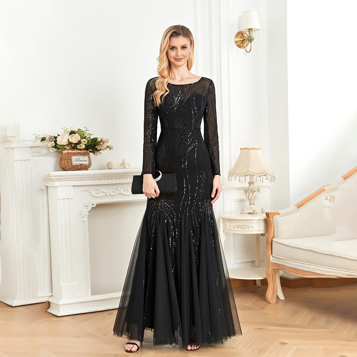 Elegant Long Sleeve Sequin Evening Gown - Sparkly Mermaid Dress for Wedding Guest, Mother of The Bride, Prom, Gala & Special Occasions