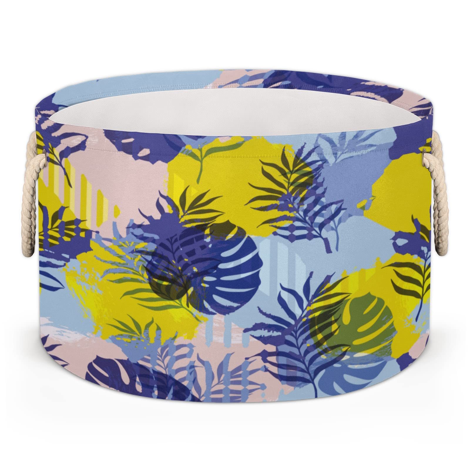 Large Round Collapsible Storage Basket with Botanical Silhouette Design - Durable Canvas Fabric Bin with Cotton Handles for Home Organization | Perfect for Office, Bedroom, Closet, Toys & Laundry Storage Solutions