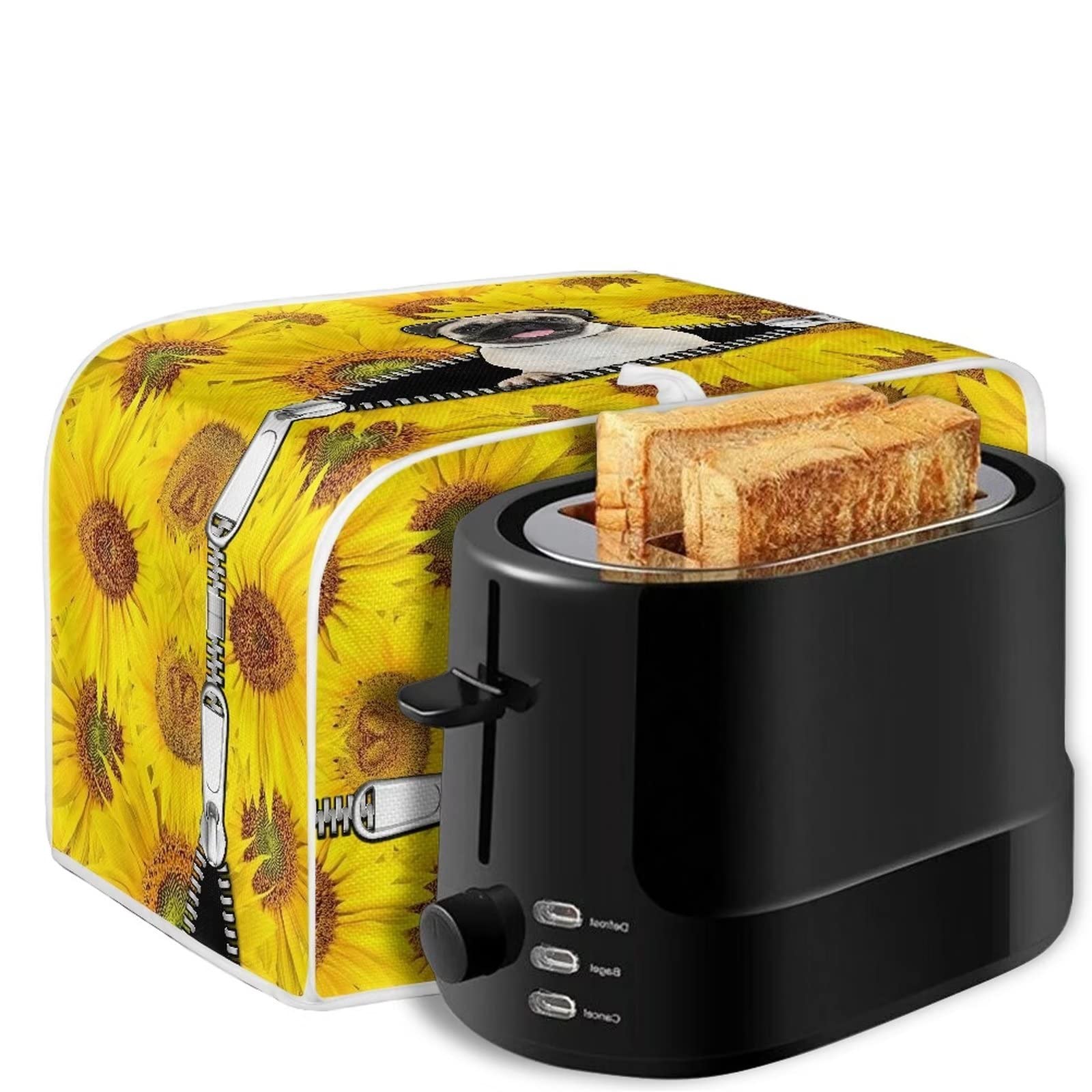 Pug Dog Print 4-Slice Toaster Cover - Dust Protection & Washable Kitchen Appliance Cover | Sunflower Zippered Bread Maker Cover for Toaster Oven | Cute Pet-Themed Kitchen Accessories for Home & Gift Use
