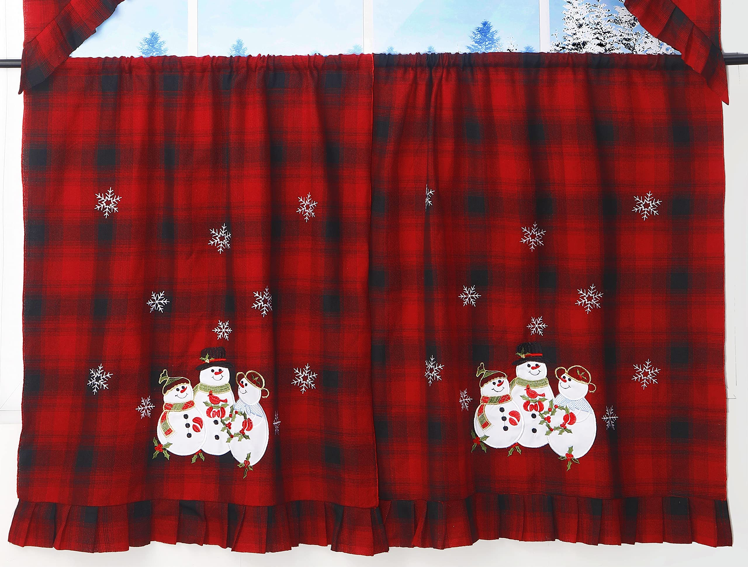 GRANDDECO 3-Piece Christmas Kitchen Curtain Set - Plaid Snowman Window Curtains with Valance for Small Windows | Rod Pocket Design for Bathroom & Kitchen Decor | Perfect for Holiday Home Styling
