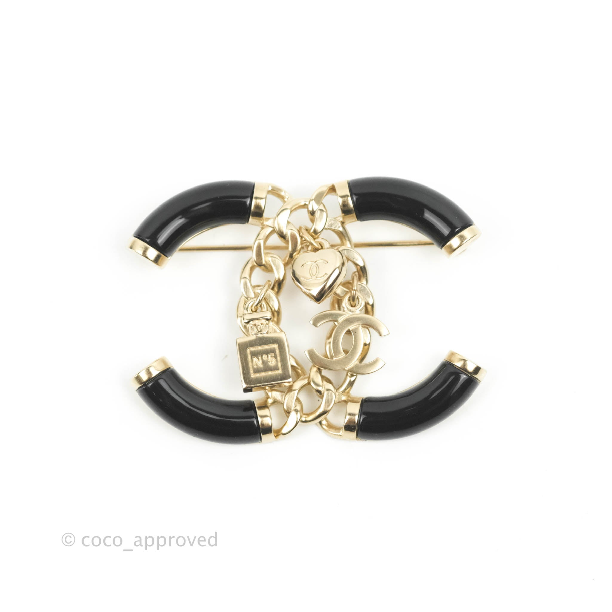 Chanel CC Chain Black Brooch Gold Tone 18B - Elegant Vintage Chanel Pin for Women, Perfect for Jackets, Bags & Scarves