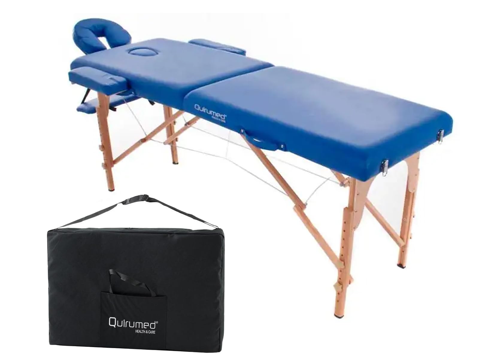 QUIRUMED Folding Wooden Massage Table - Adjustable Height, Leatherette Surface, 194x70cm - Professional Portable Massage Bed for Home & Spa Use - Ideal for Physical Therapy, Relaxation & Beauty Treatments (Blue, Supports 150kg)