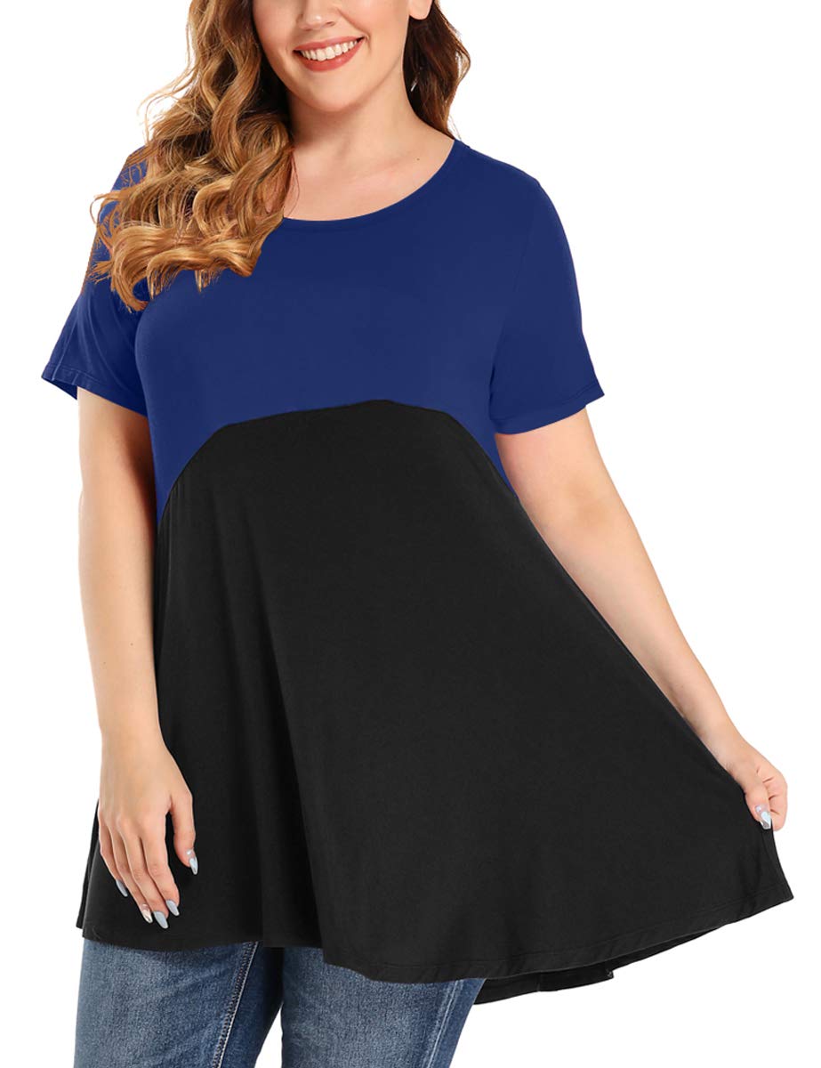 MONNURO Women's Plus Size Short Sleeve Tunic Top - Color Block Casual Loose Fit Summer Swing Tee Shirt for Leggings | Comfortable & Stylish for Everyday Wear, Work, and Outings