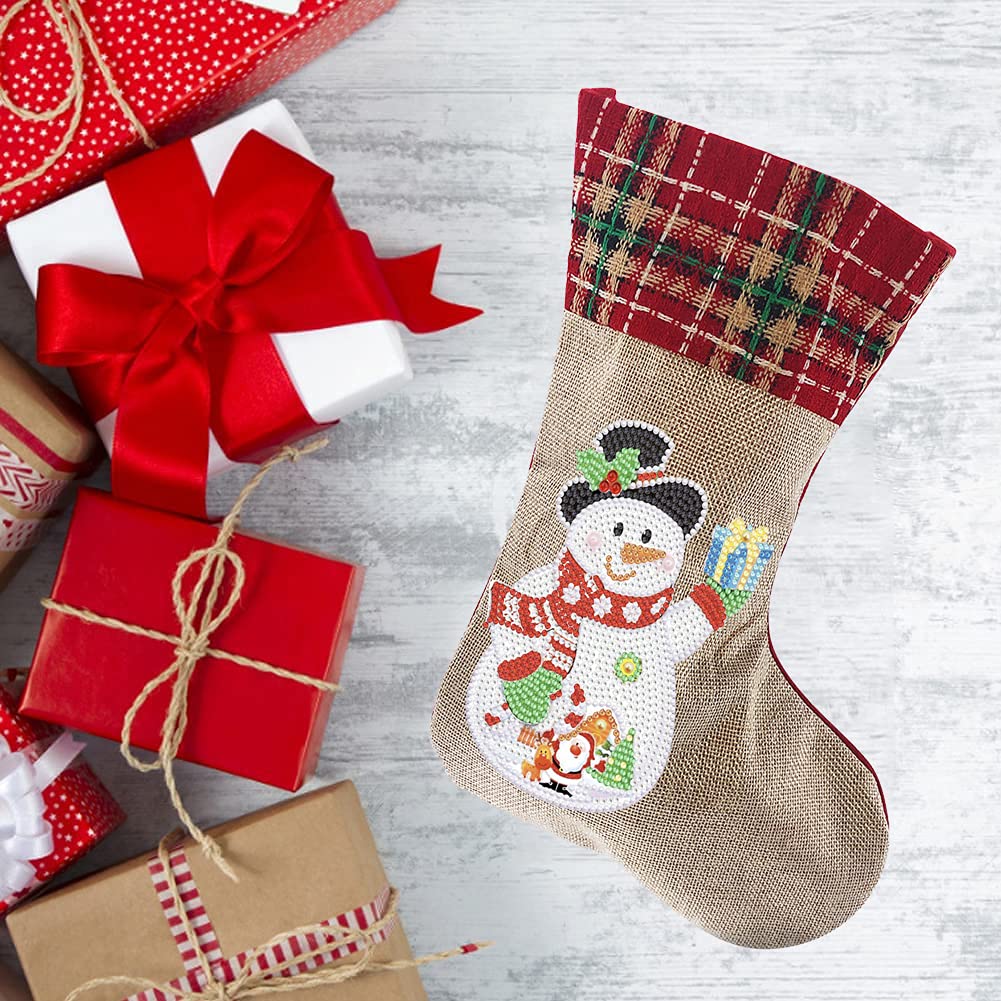 LUSandy DIY 5D Diamond Painting Christmas Stockings - 14 Inch Snowman & Gift Diamond Art Candy Bags for Xmas Fireplace Decor | Holiday Party Hanging Stockings for Family Christmas Decoration | Perfect for Home, Office & Gift Giving