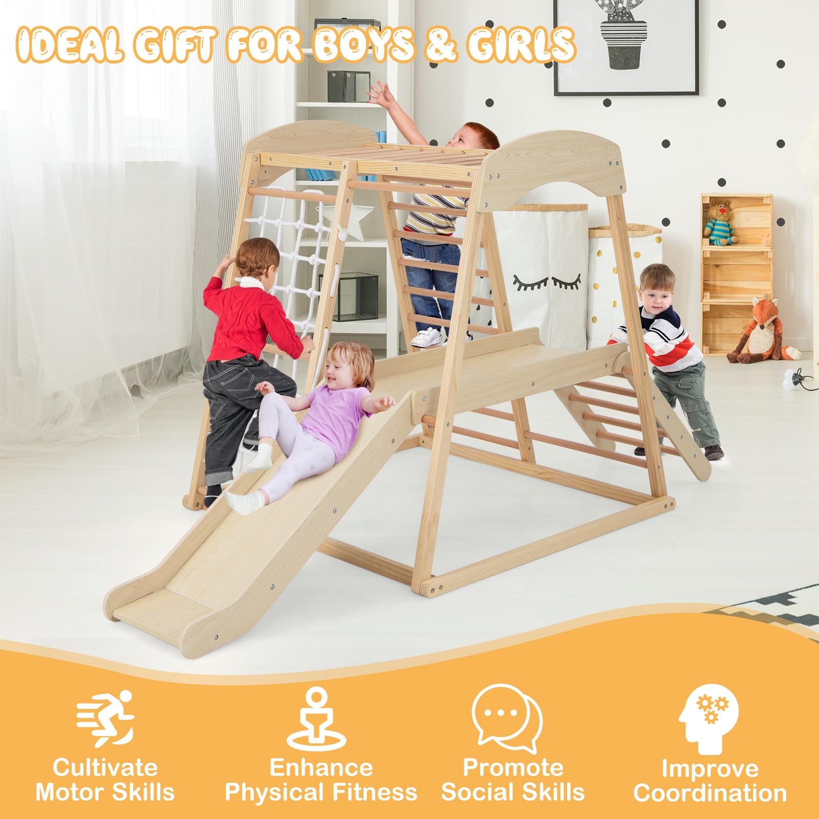 Costzon 6-in-1 Indoor Jungle Gym for Toddlers - Montessori Climbing Toys with Slide, Climbing Net & Monkey Bars - Wooden Playground Climber Playset for Kids - Perfect Gift for Birthday & Christmas - Ideal for Home Playrooms, Daycares & Preschools