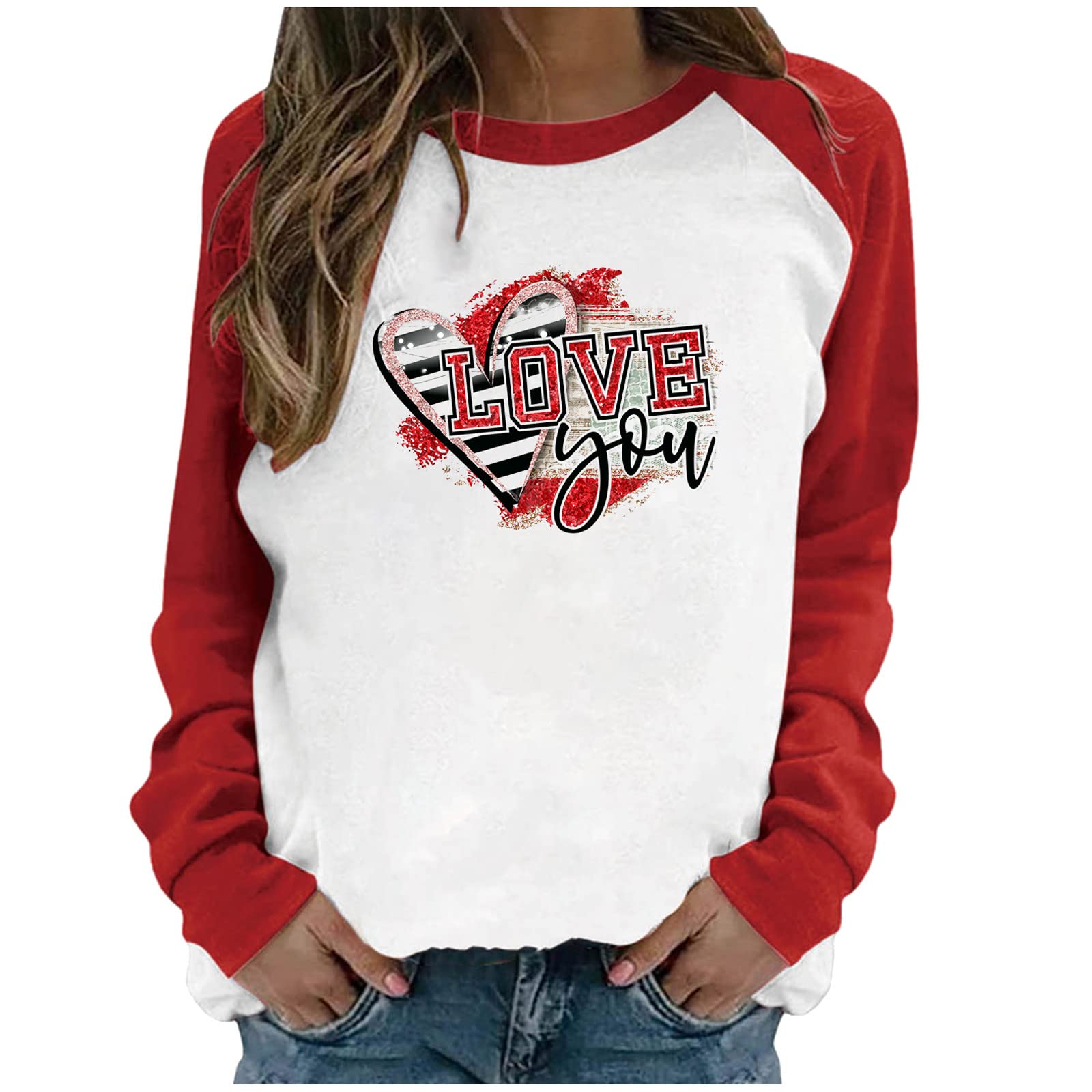 Women's Long Sleeve Colorblock Sweatshirt - Valentine's Day Graphic Crewneck Pullover - Cute Casual Gift for Her | Perfect for Date Nights, Gifts & Cozy Winter Outfits