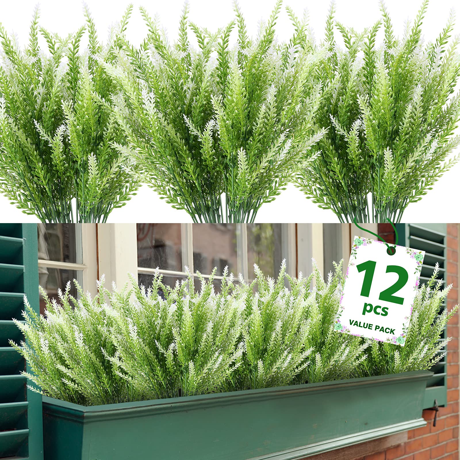 UV Resistant Artificial Lavender Flowers - 12 Bundles Faux Plastic Plants for Outdoor Garden, Porch & Window Box Decor - No Fade White Fake Flowers for Home & Wedding Decorations