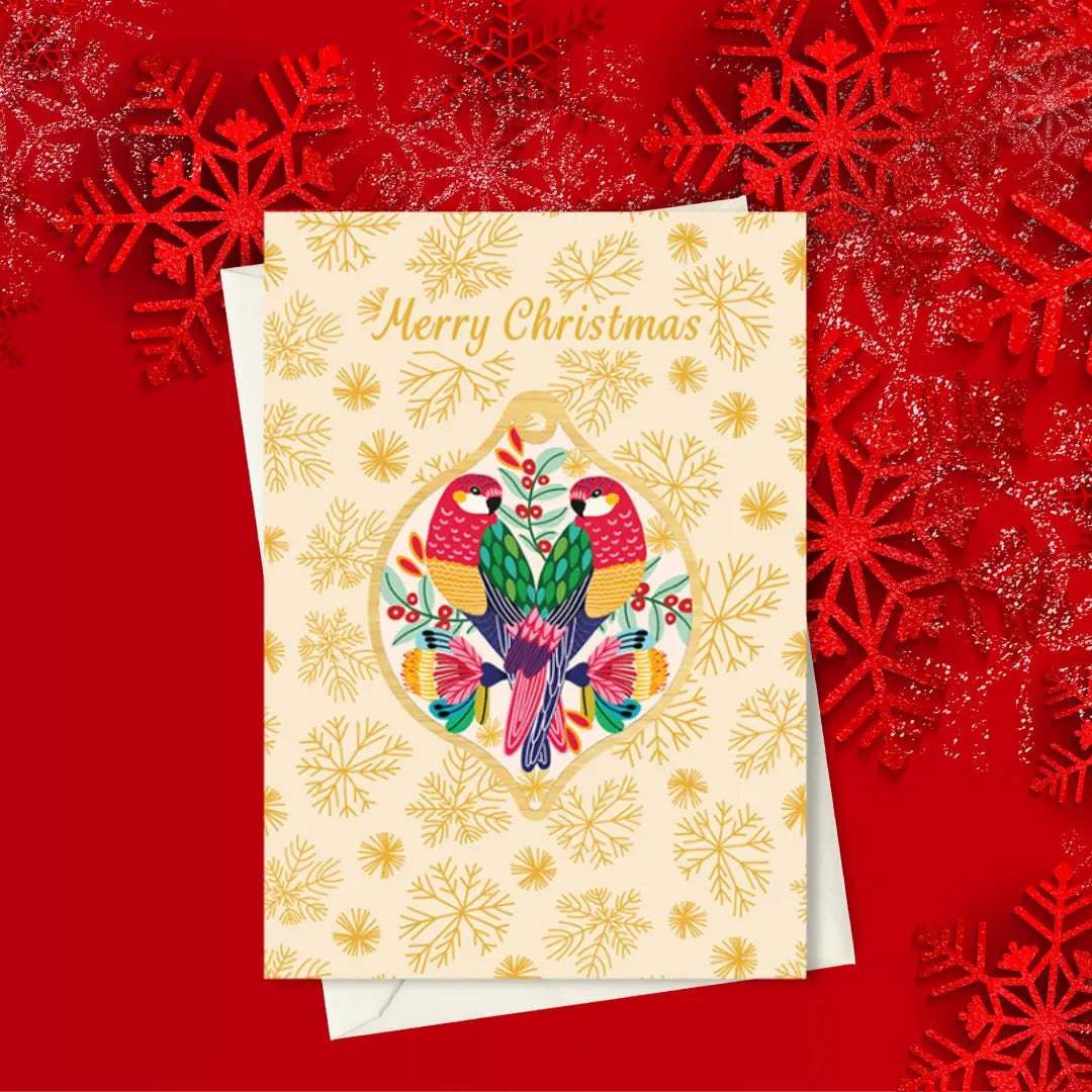Rosella Birds Christmas Card & Wooden Ornament - Festive Holiday Greeting Card with Handcrafted Wooden Bauble for Tree Decorations and Gift Giving