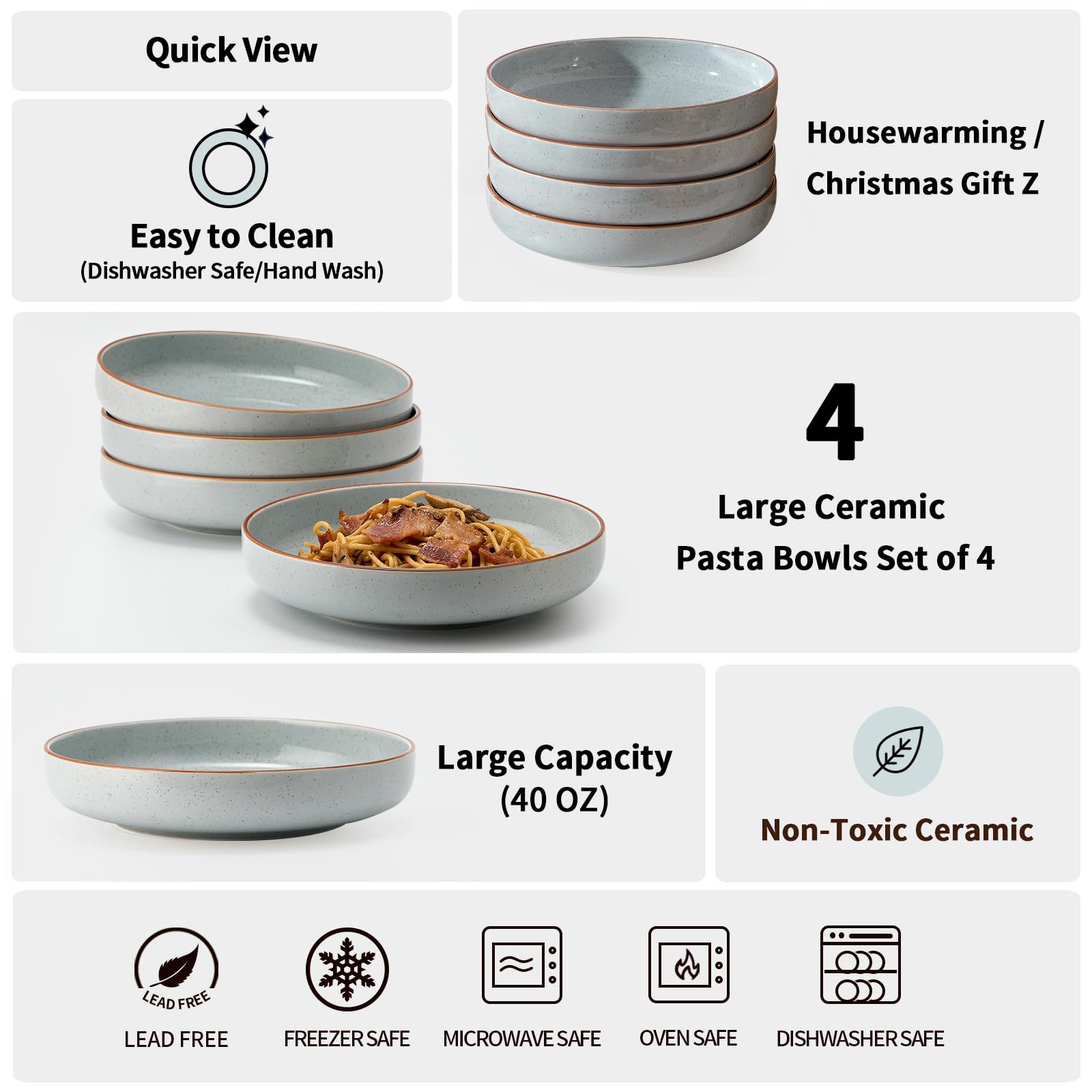 SIDUCAL 40 oz Ceramic Pasta Bowls Set of 4 - Large Microwave & Dishwasher Safe Porcelain Salad Dishes for Pasta, Soup, Salad - Perfect for Mother's Day Gift, Family Dinners & Entertaining (Light Gray)