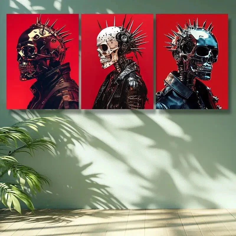 3-Piece Skeleton Punk Wall Art Set - Red Background Framed Canvas Prints 50x70cm (20x28in) | High Quality Australian Made Ready-to-Hang Decor | Perfect for Gothic Home, Punk Bedroom or Alternative Office Decor