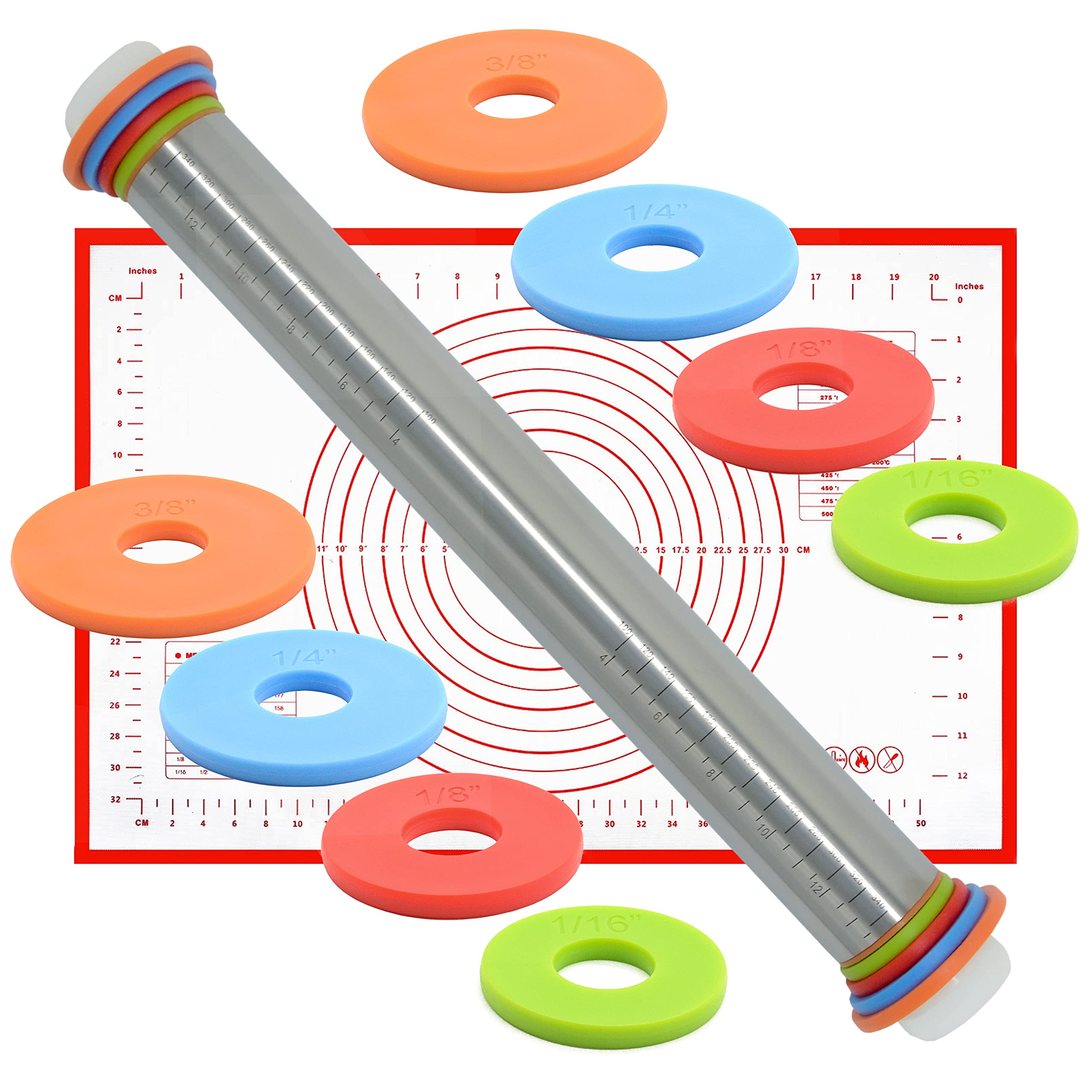 1Pcs Stainless Steel Rolling Pin with Nonstick Silicone Baking Pastry Mat Set - Adjustable Thickness Rings for Dough, Pizza, Cookies | Perfect for Home Baking, Kitchen Essentials & DIY Pastry Making