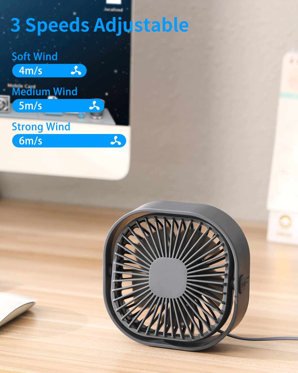 4 Inch USB Desk Fan - 3 Speed Adjustable, 360° Rotatable, Ultra Quiet Mini Table Fan for Home Office & Bedroom | Portable Cooling Fan for Computer Desk, Nightstand, Dorm Room | Perfect Summer Gift