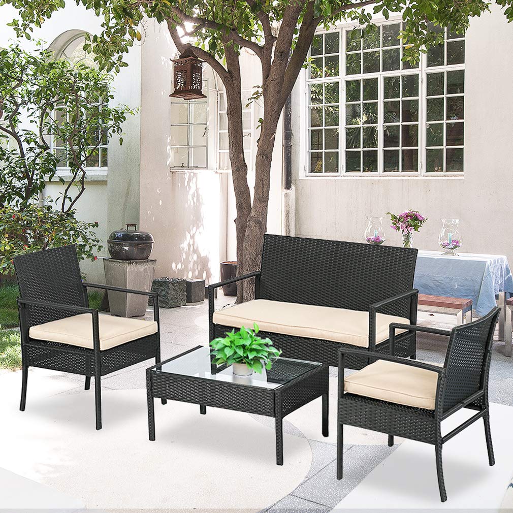 4-Piece Outdoor Wicker Patio Furniture Set - Rattan Chairs & Conversation Set for Backyard, Porch, Garden, Poolside, Balcony - Weather-Resistant Black Wicker Furniture for Relaxing & Entertaining
