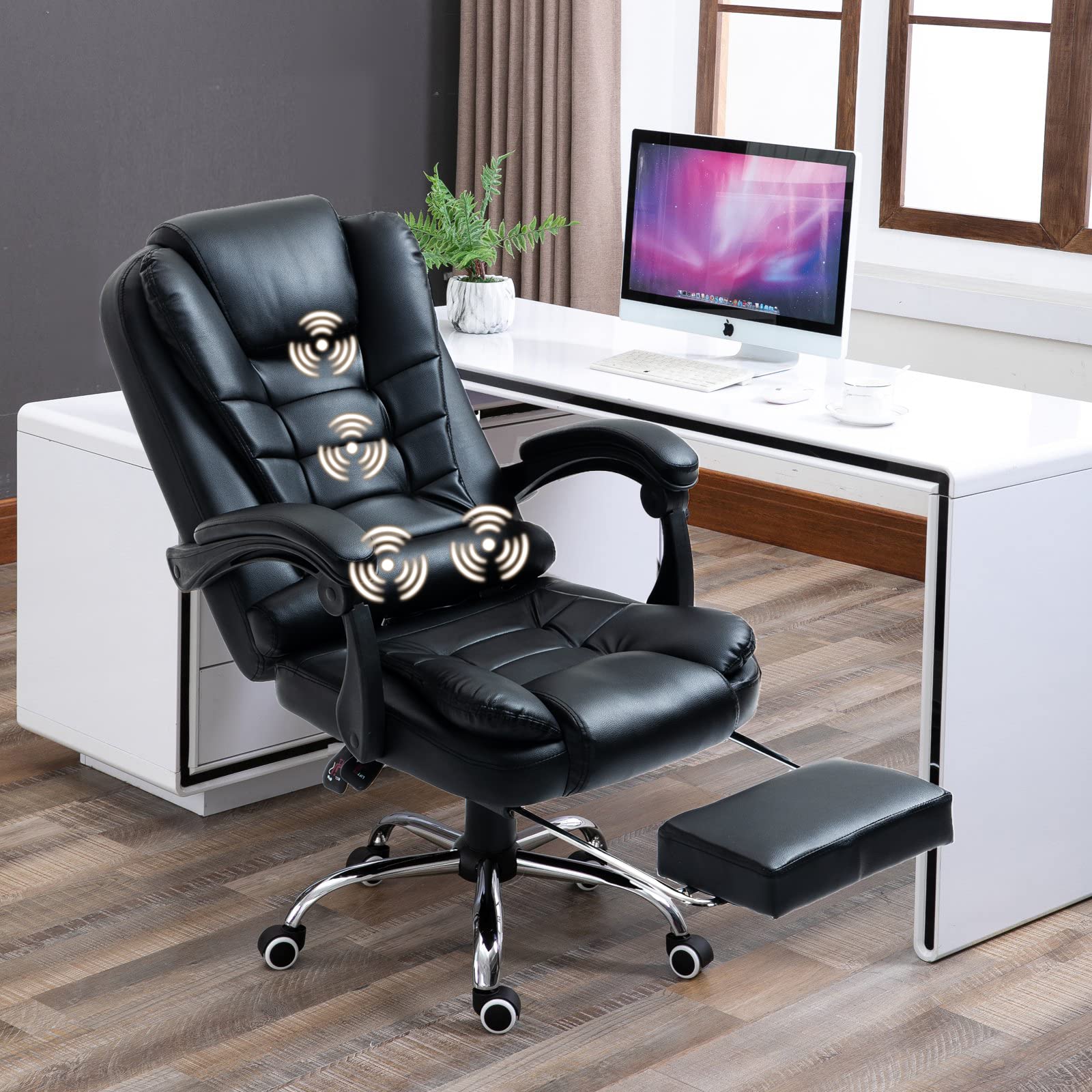 Ergonomic Massage Office Chair with Footrest - Adjustable Reclining Computer Chair with Lumbar Support & High Back - Height & Armrest Adjustable Black Desk Chair for Home Office, Gaming & Relaxation
