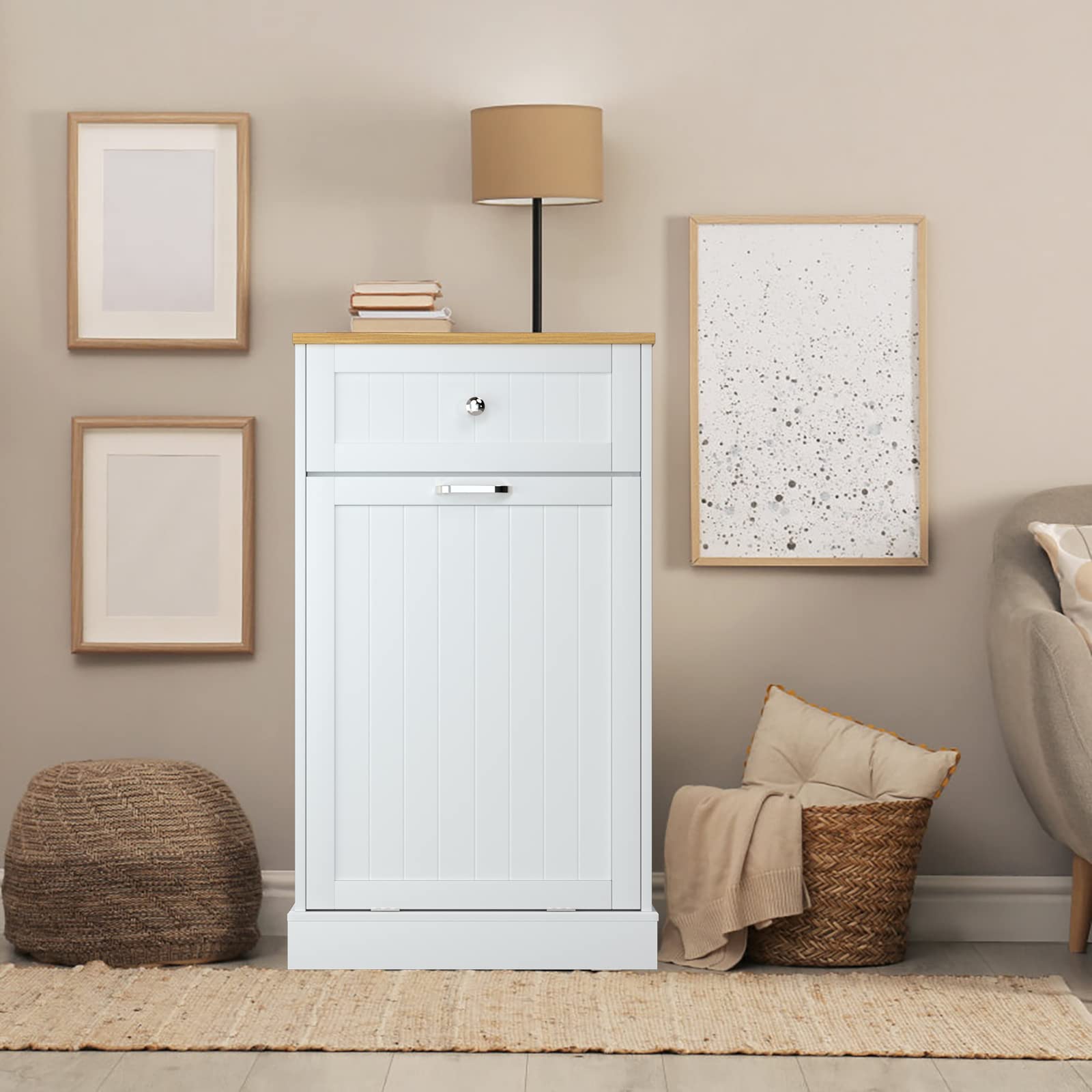 GAZHOME 10 Gallon Tilt-Out Trash Cabinet - Upgraded Wooden Free-Standing Recycling Bin with Hideaway Drawer (White) | Perfect for Kitchen, Bathroom & Office Waste Management