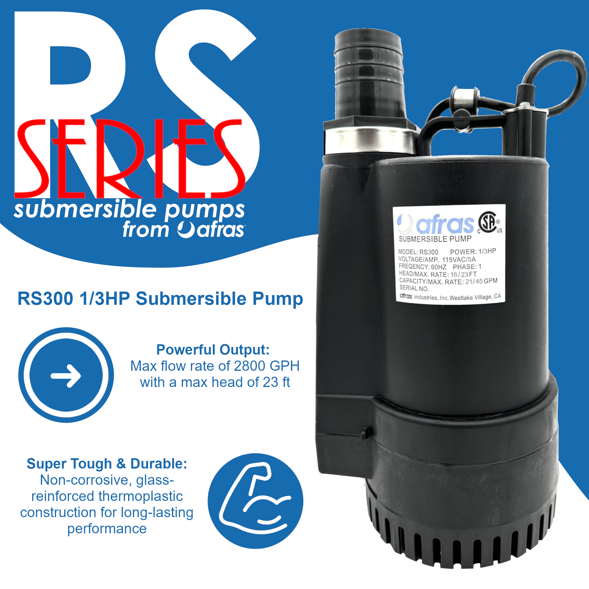 Afras RS300 1/3HP Submersible Pool Pump - High Performance Water Pump for Inground & Above Ground Pools, Spas, Fountains - Energy Efficient & Quiet Operation