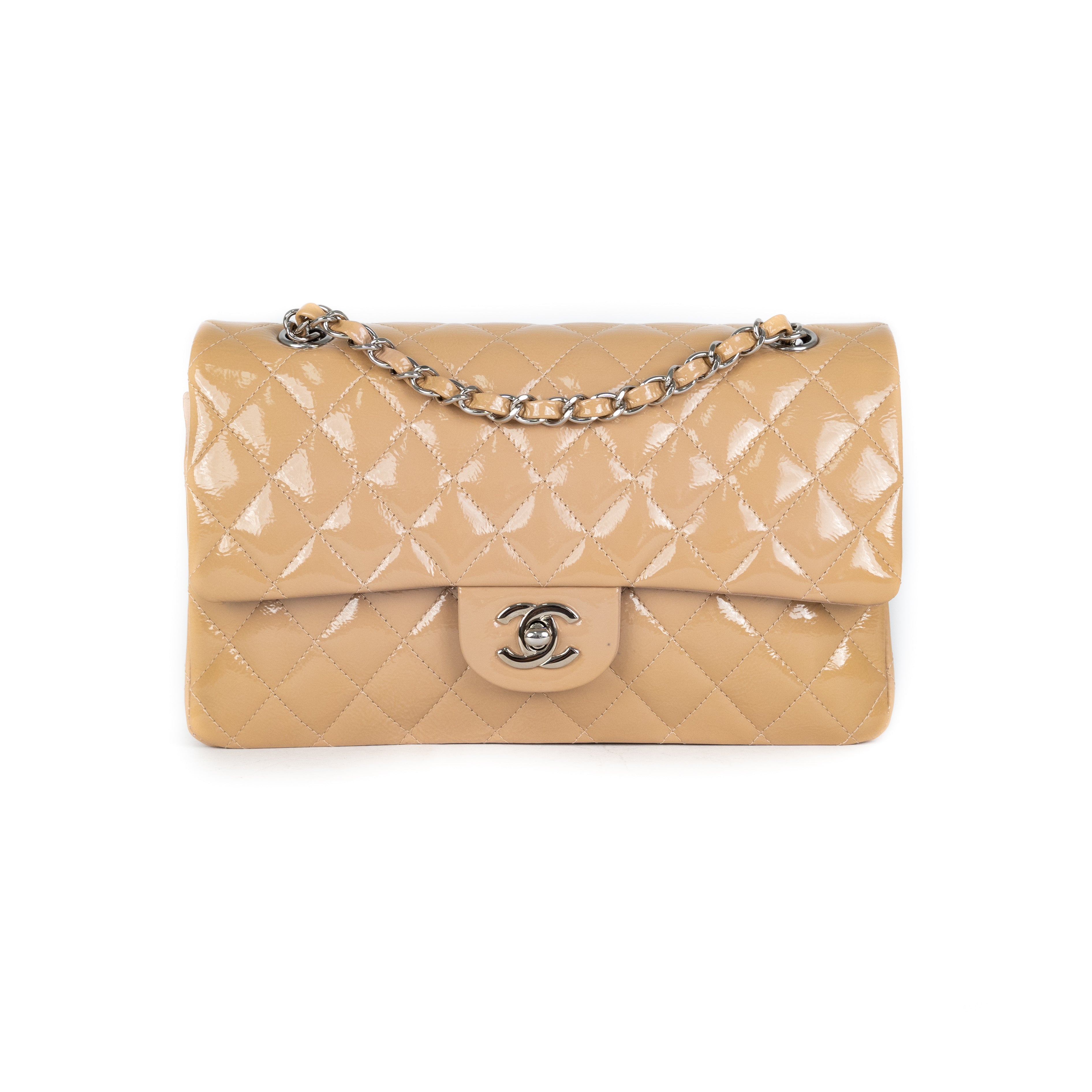Chanel Patent Leather Medium Classic Flap Bag in Beige | Luxury Designer Handbag for Women | Perfect for Work, Evening Events & Special Occasions