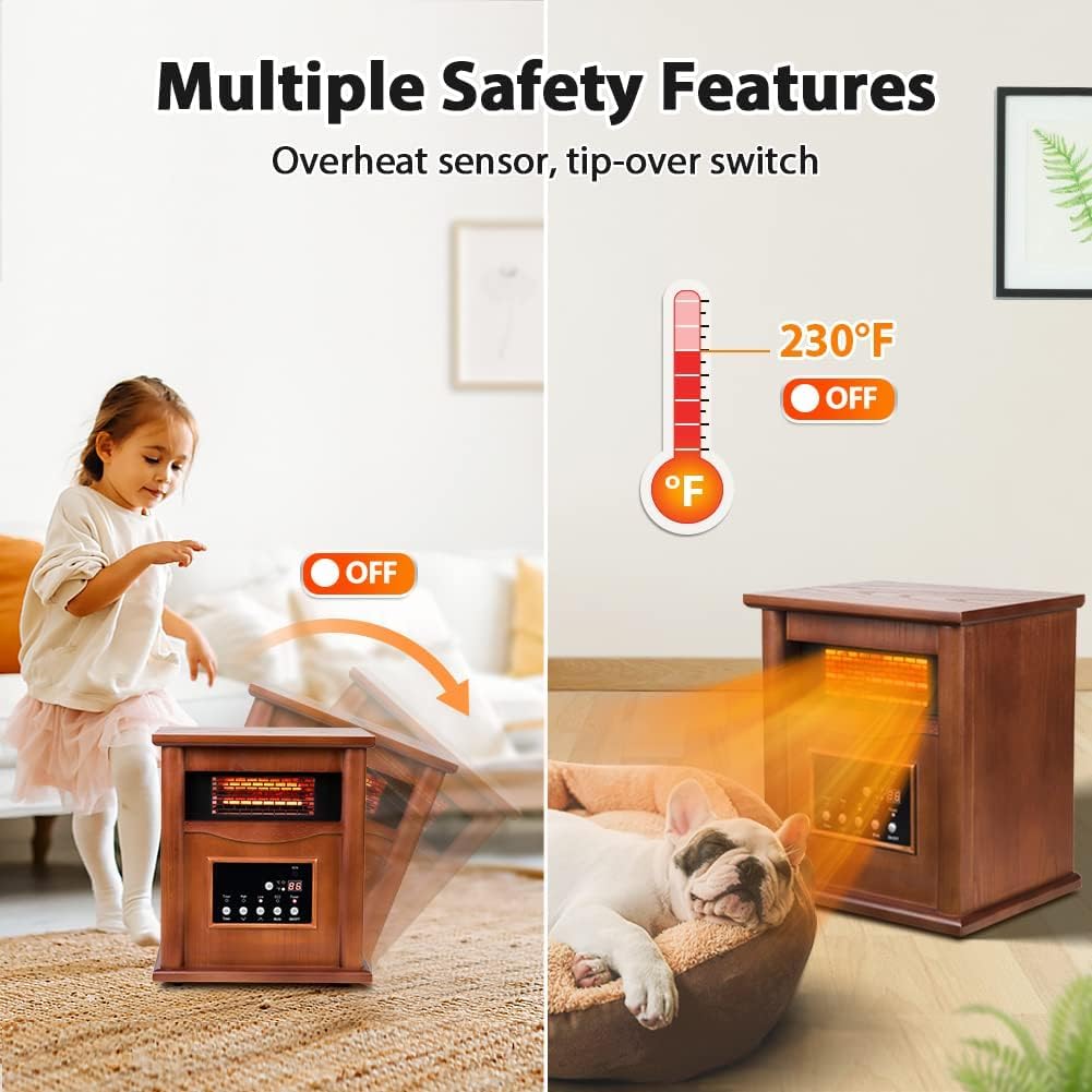 1500W Electric Infrared Space Heater with Remote Control - Quartz Indoor Heater for Large Rooms & Basements | 3 Heat Settings, 12H Timer, Tip-Over & Overheat Protection | Perfect for Home, Office & Winter Heating (Light)