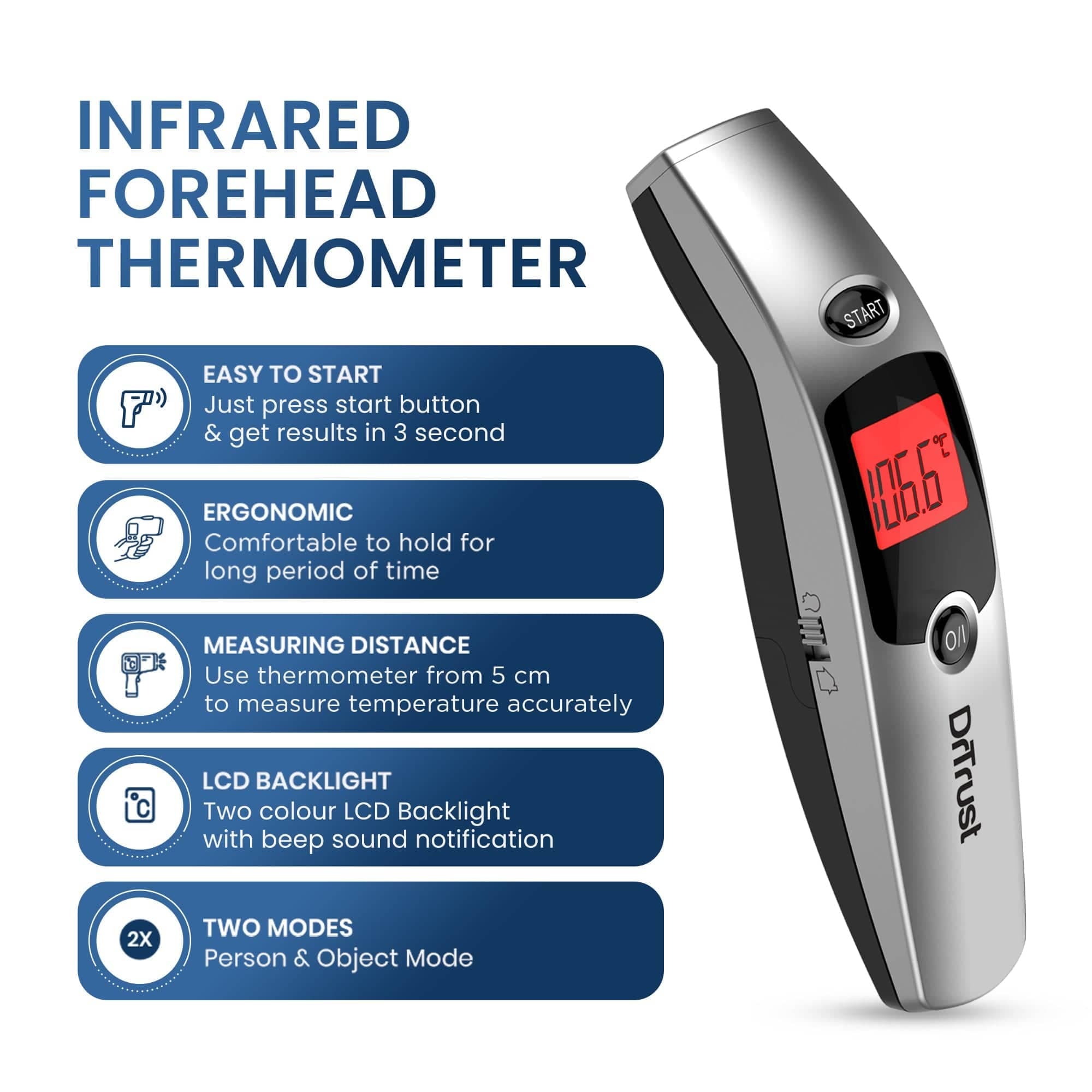 Dr Trust USA Non-Contact Infrared Forehead Thermometer - Fast & Accurate Digital IR Temperature Scanner for Adults, Kids & Babies - Perfect for Home, Office & Travel Use