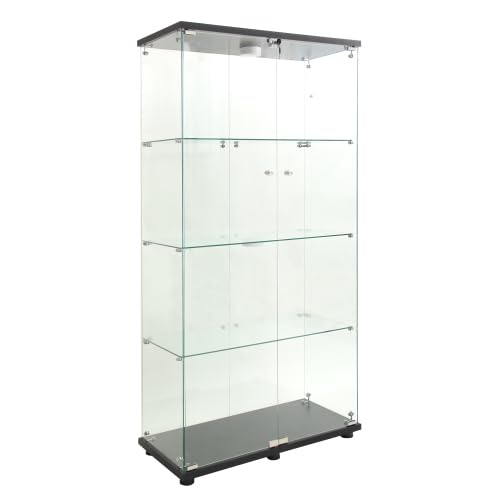 KEIKI 4-Tier Glass Display Cabinet with LED Lights - Lockable Curio Cabinet for Trophy Collections, Home Decor & Retail Displays - Black Standing Glass Shelf with Doors & Handle