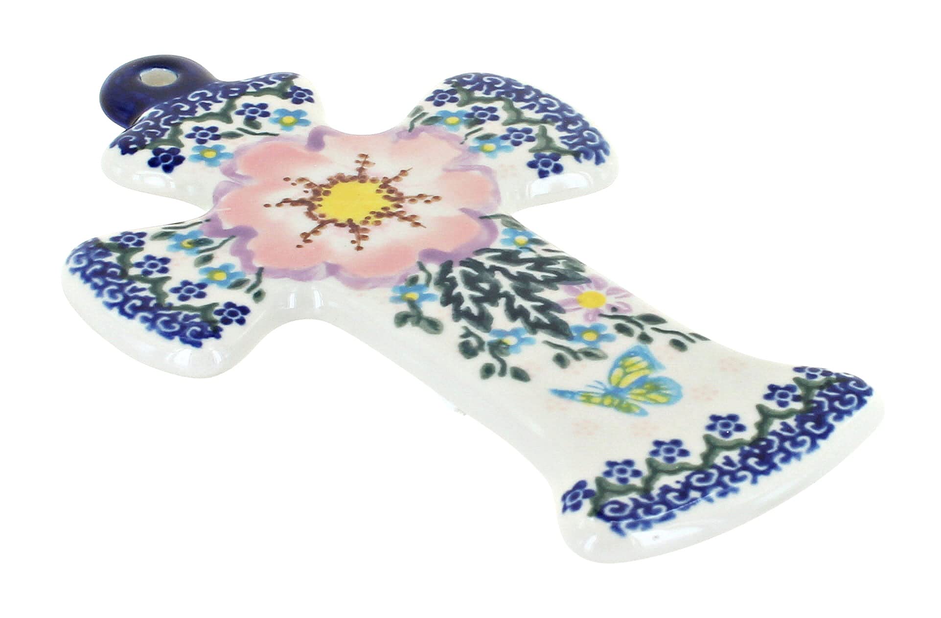 Blue Rose Polish Pottery Apple Blossom Cross - Handmade Ceramic Wall Cross Decor for Home, Church & Wedding - Perfect Christian Gift for Baptism, First Communion & Easter