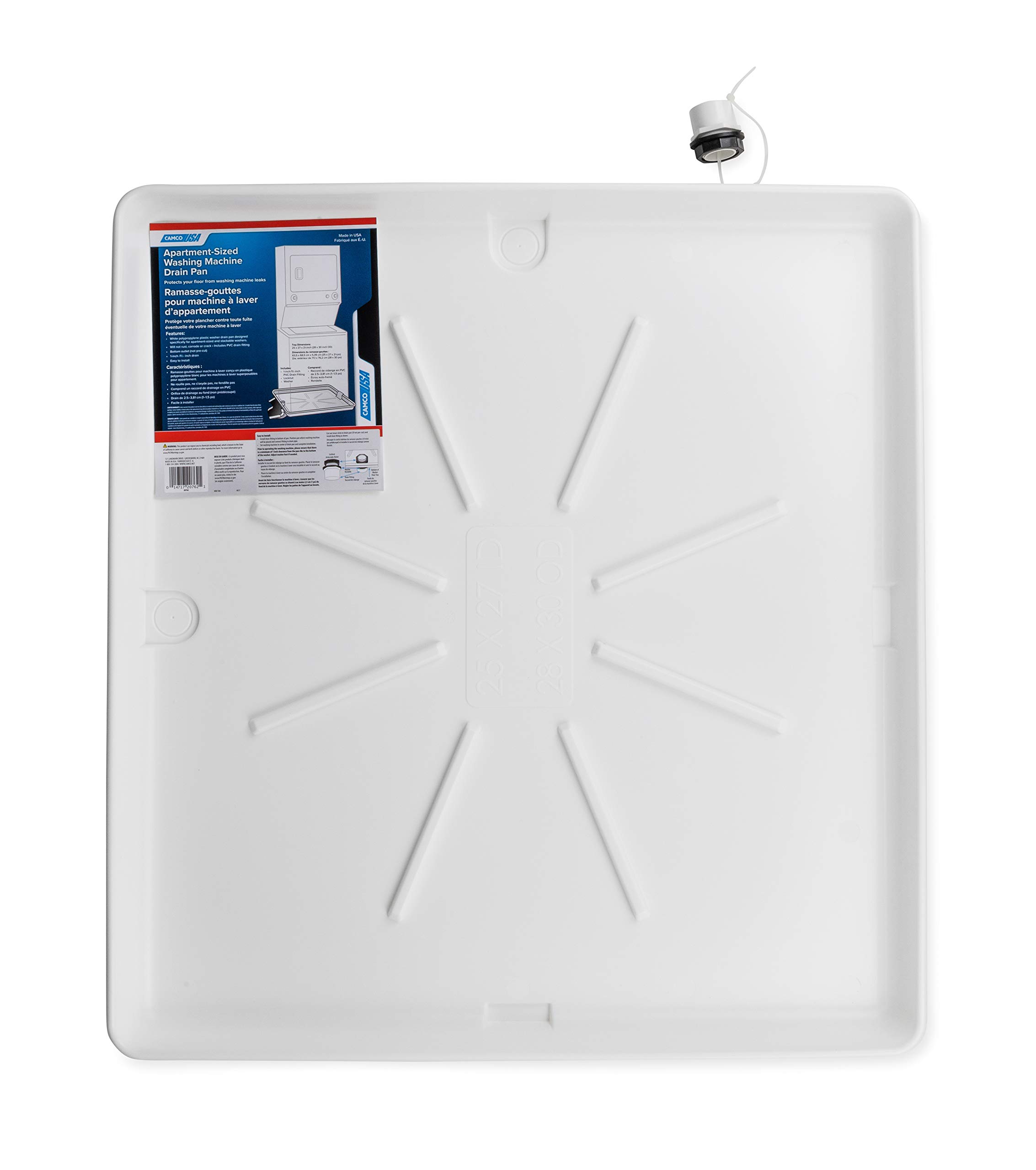 Camco 28x30 Inch Heavy-Duty Stackable Washing Machine Drain Pan - Leak Protection for Apartment & Stackable Washers - Durable Plastic Floor Saver - Perfect for Laundry Rooms, Basements & Small Spaces (Model 21006)