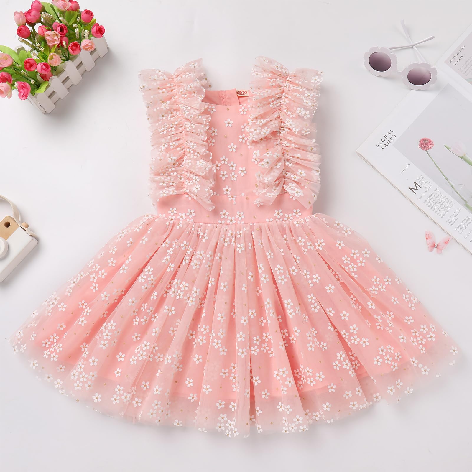 Butterfly Daisy Polka Dot Embroidered Princess Tulle Dress for Girls - Birthday Party, Wedding, Pageant & Evening Gown - Perfect for Special Occasions & Photo Shoots