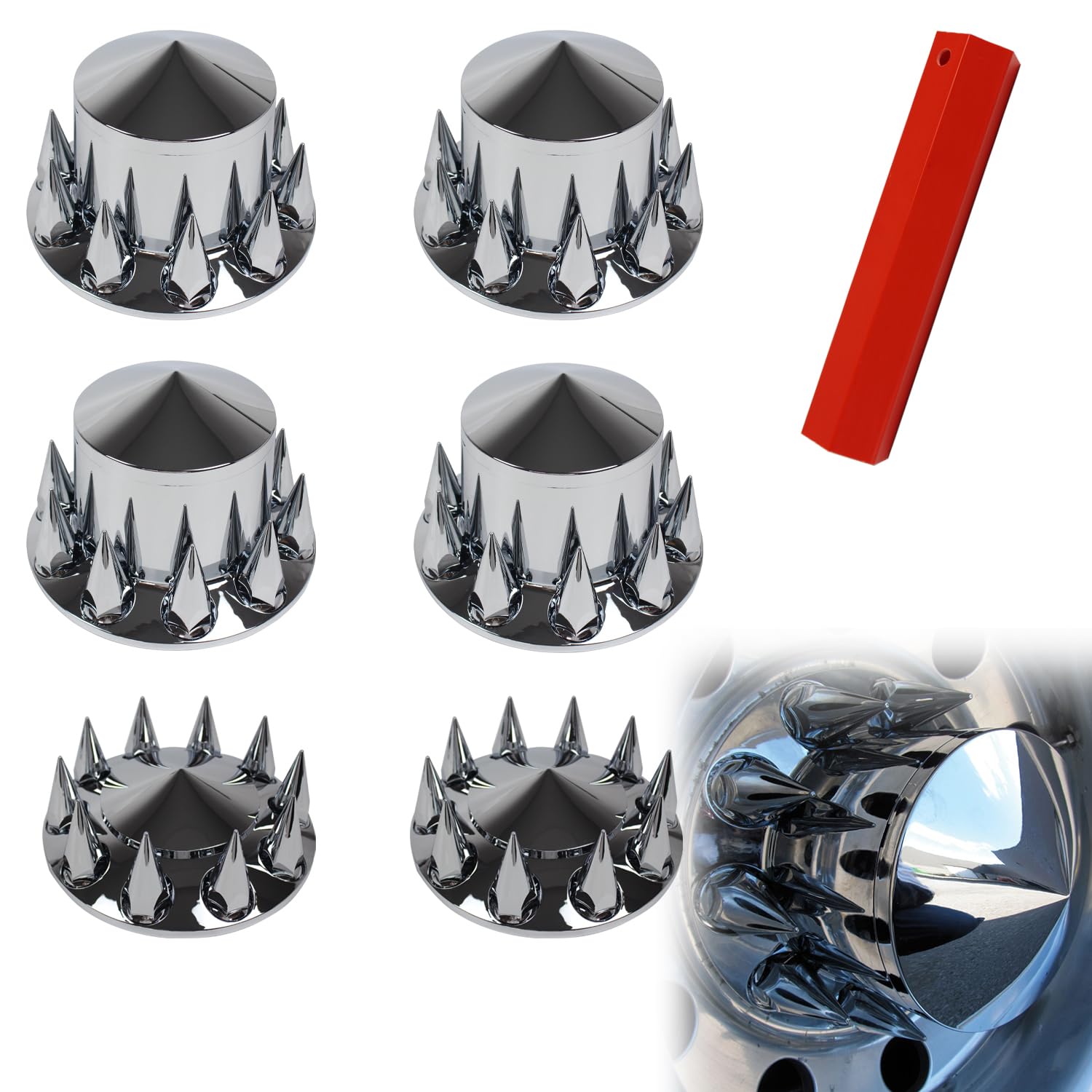 Chrome ABS Spiked Wheel Cover Kit - 33mm Screw-On Lug Nut Covers for Kenworth, Freightliner & Peterbilt Semi Trucks | Front & Rear Removable Hub Caps | Heavy Duty Truck Accessories for Highway & Off-Road Use