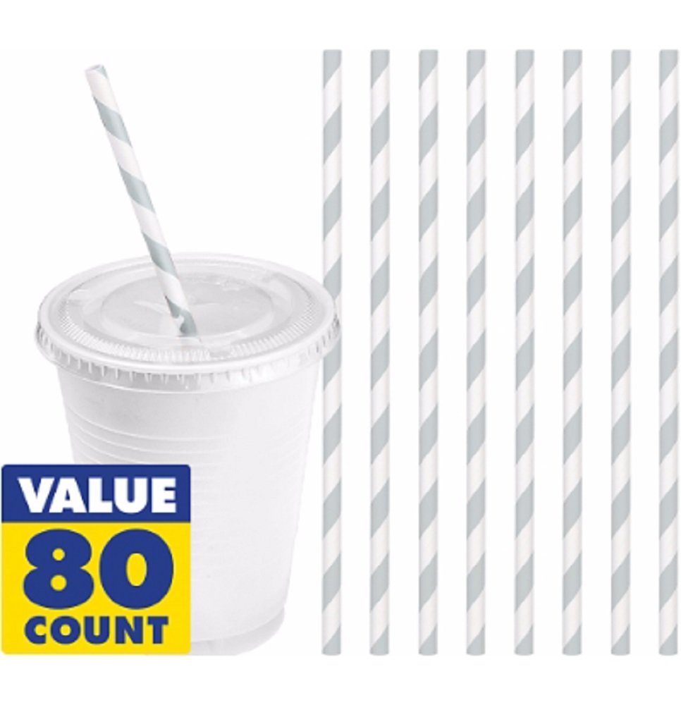 Eco-Friendly Striped Paper Straws 80 Count (Silver) - Biodegradable Drinking Straws for Parties, Weddings, and Home Use