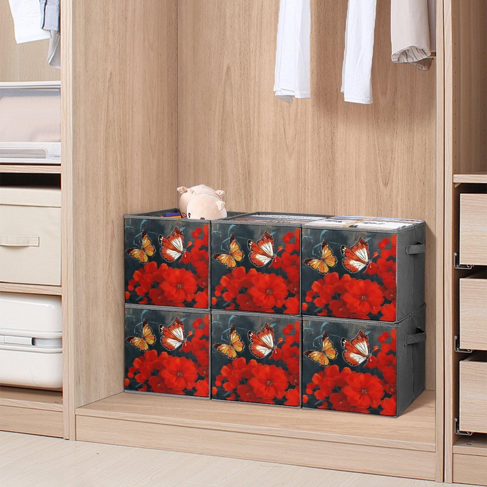6-Piece Collapsible Storage Bins with Handles - Floral Butterfly Printed Foldable Organizing Baskets for Home, Closet, Shelves & Office | Space-Saving Storage Solution for Toys, Clothes & Household Items