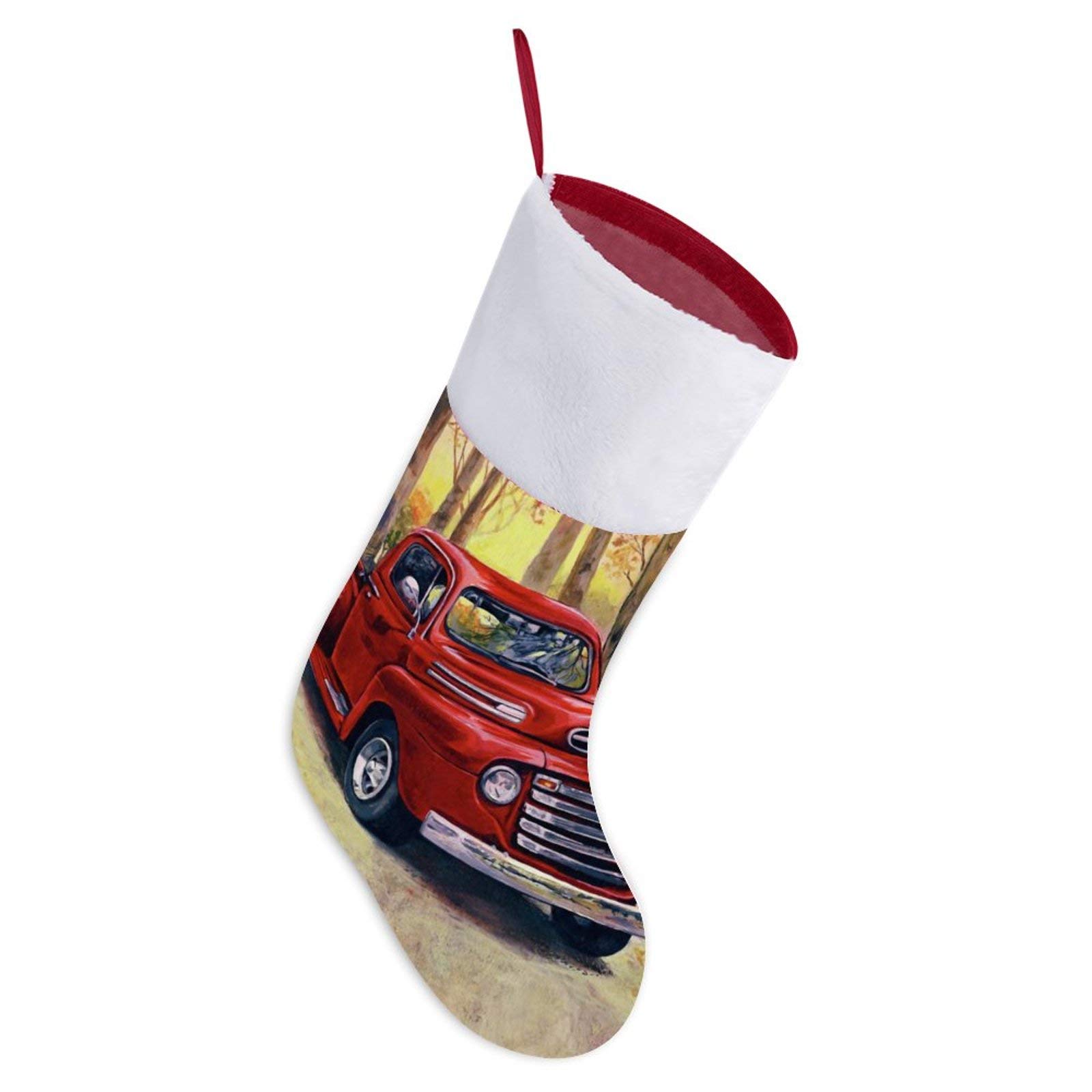 Vintage Red Pick Up Truck Christmas Stockings with White Plush Cuff - Xmas Fireplace Hanging Decorations, Holiday Stocking Stuffers for Candy & Gifts - Perfect for Family Christmas Party, Home Decor and Festive Fireplace Mantel Display