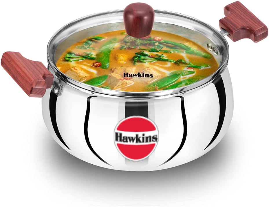 Hawkins 4L Stainless Steel Cook n Serve Handi with Glass Lid - Tri-Ply Induction Compatible Cookware Pot & Saucepan for Indian Cooking, Stews & Soups - Perfect for Home Kitchens & Professional Chefs